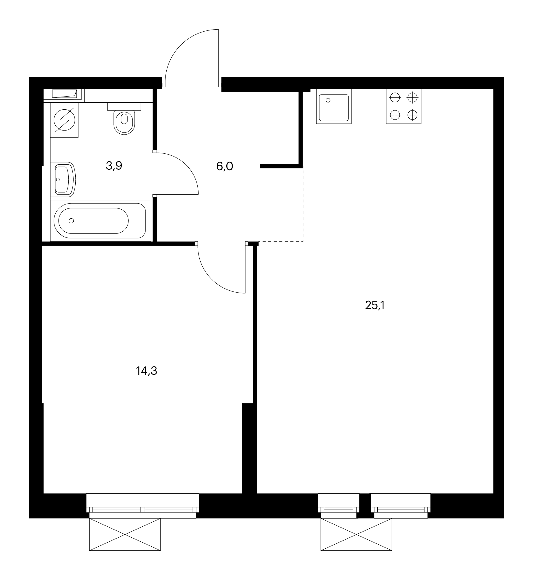 1-комнатная 49.3 м²