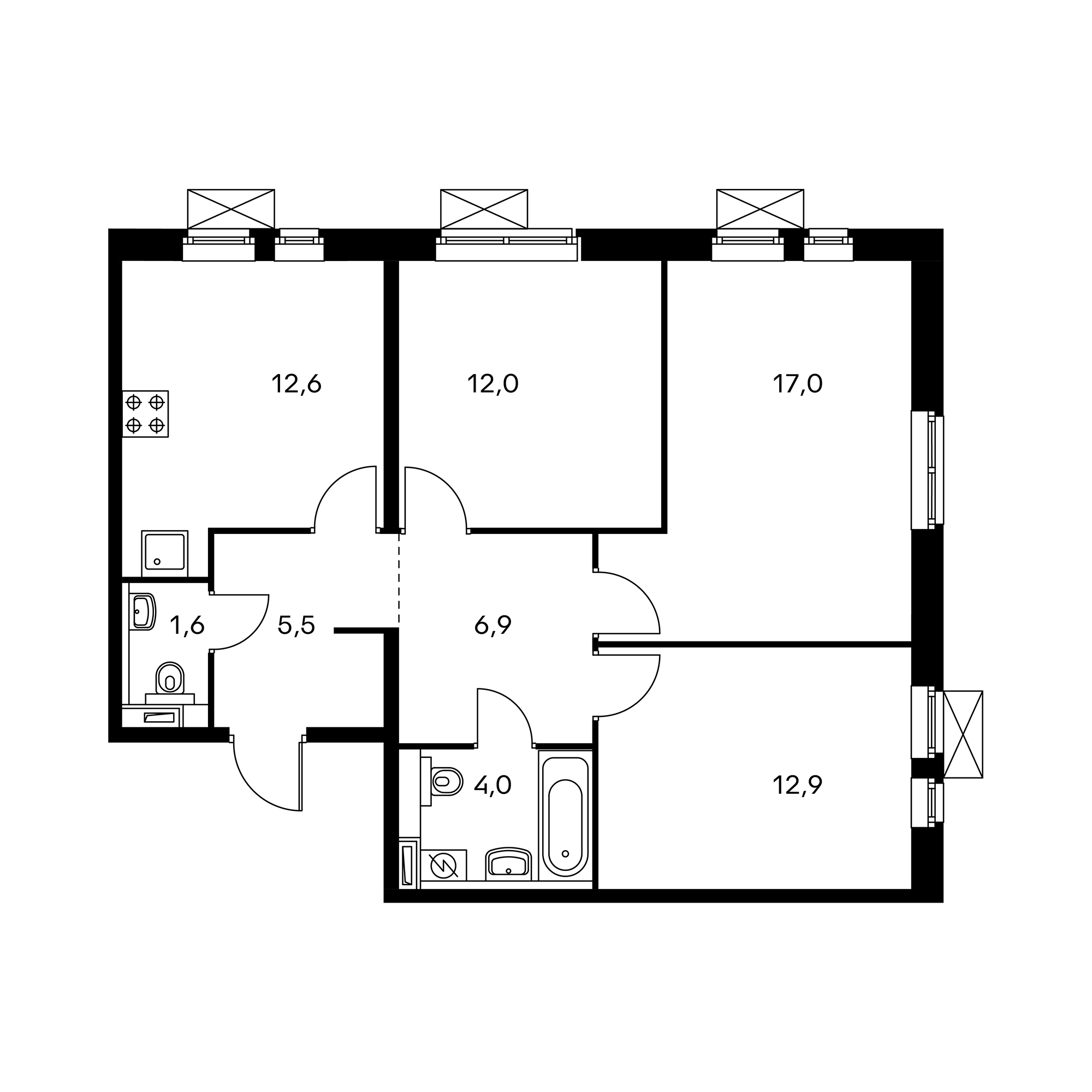 3-комнатная 72.5  м²