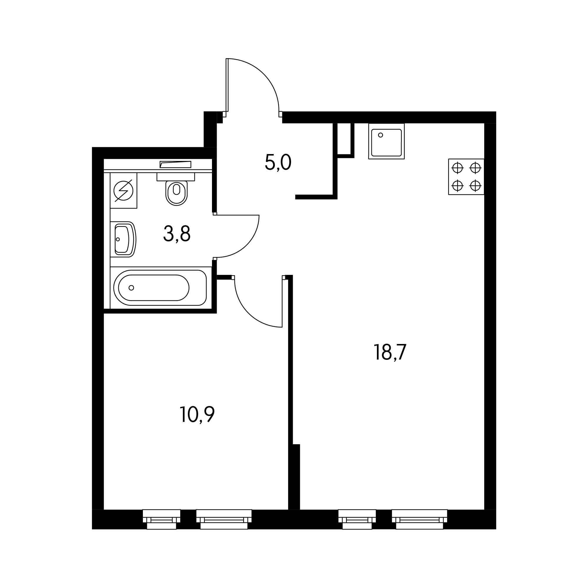 1-комнатная 38.2 м²
