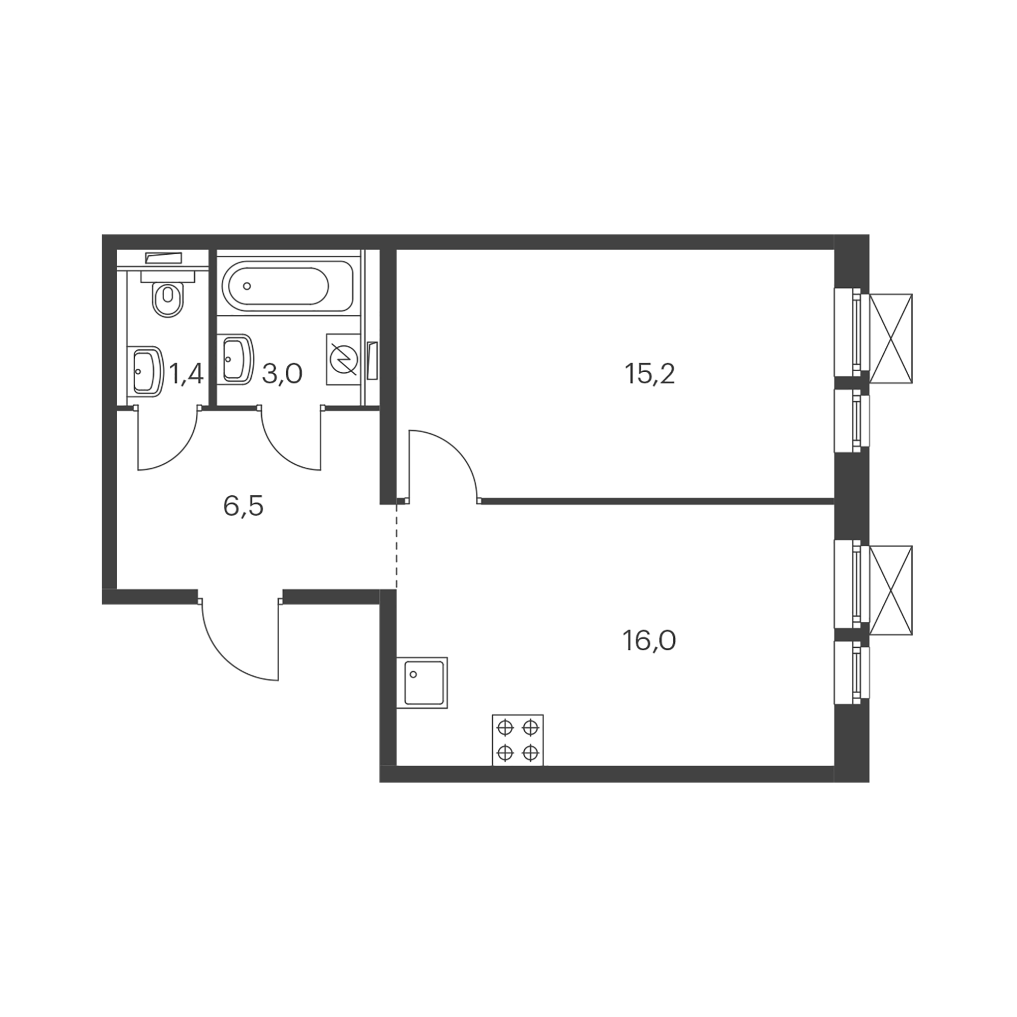 1-комнатная 42 м²