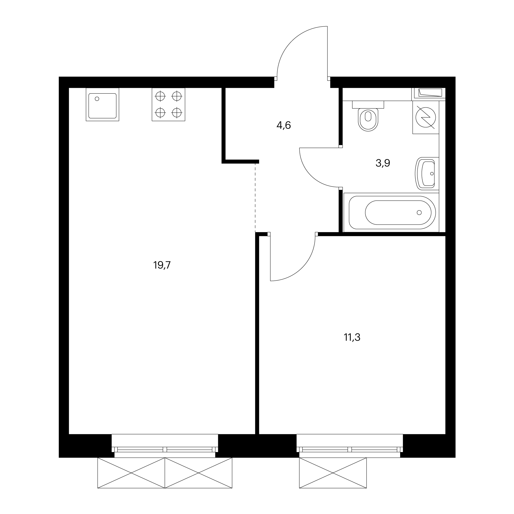 1-комнатная 39.5  м²