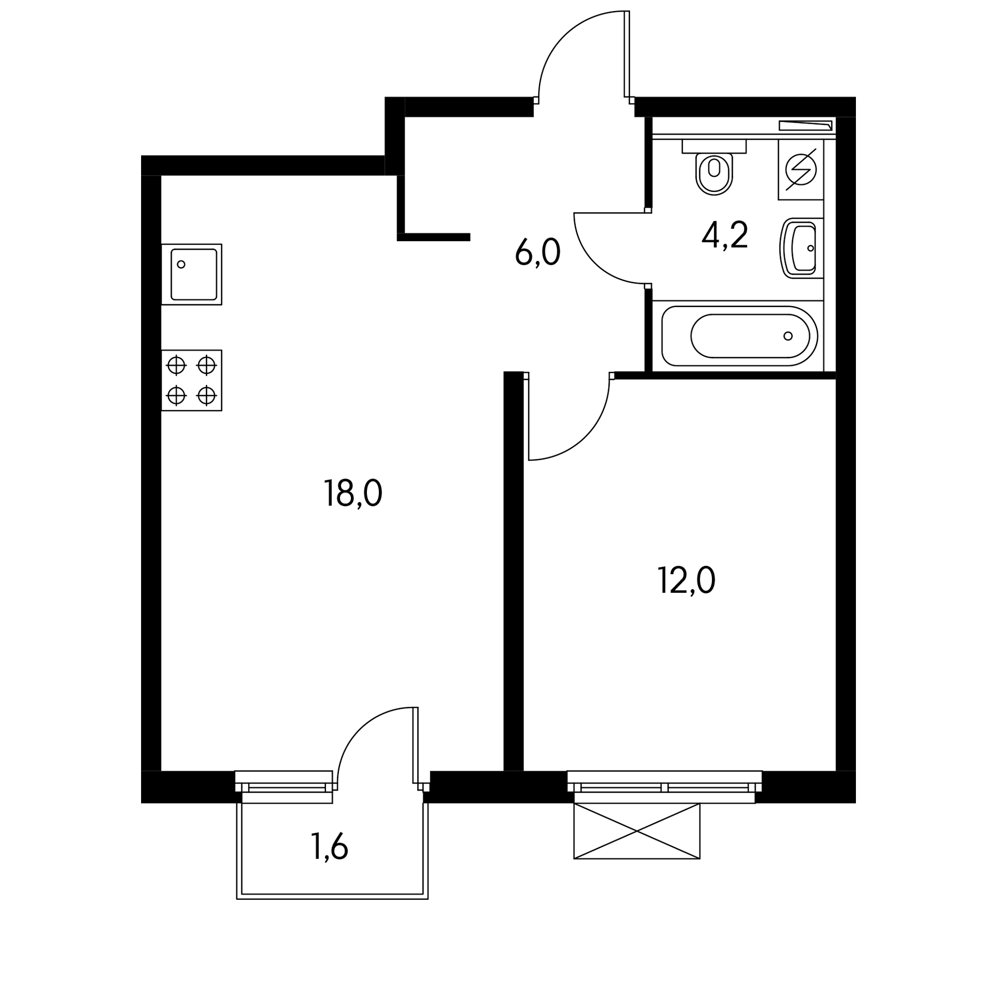 1-комнатная 40.6 м²