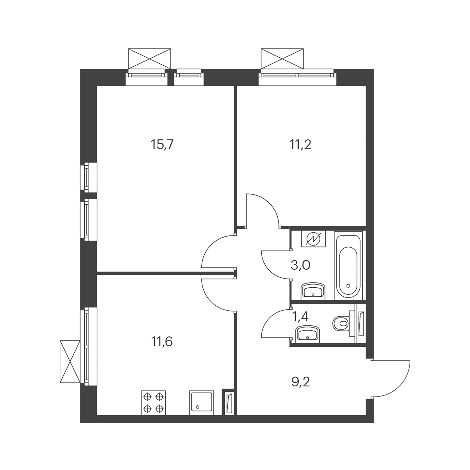 2-комнатная 52  м²