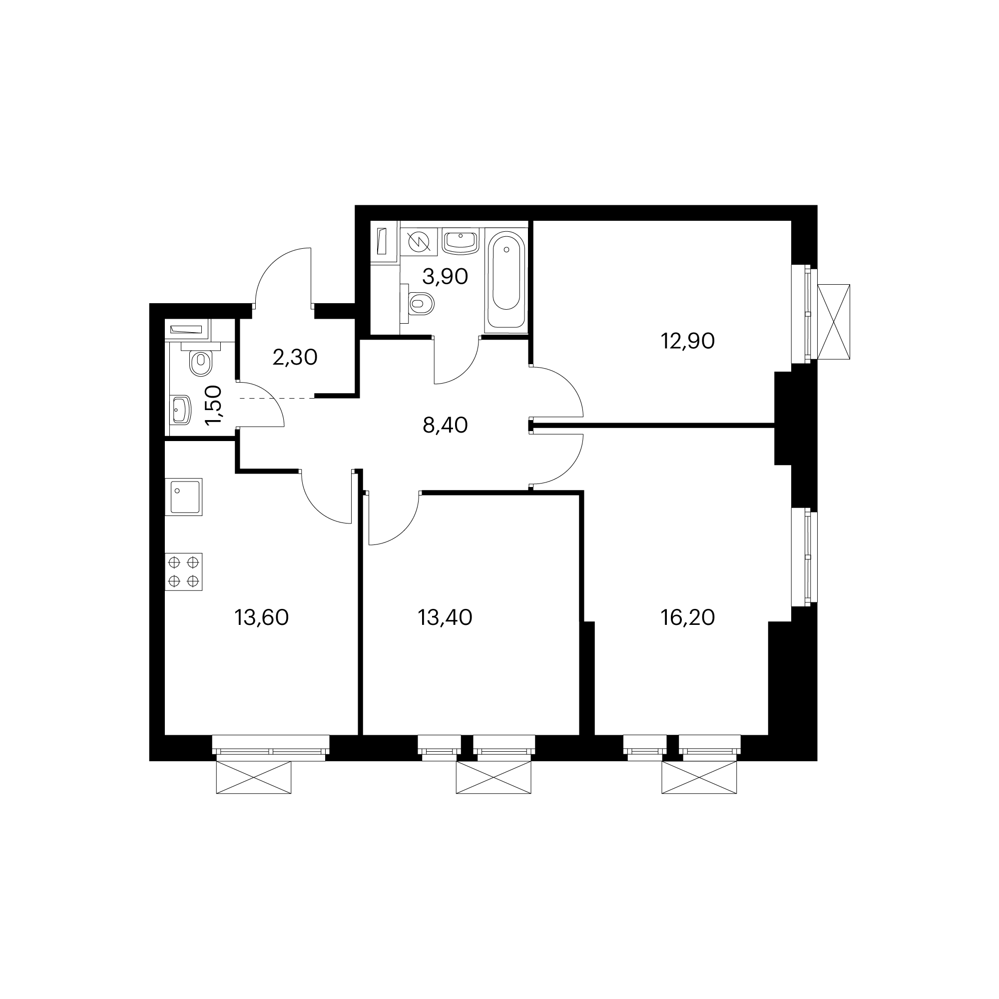 3-комнатная 72.4 м²