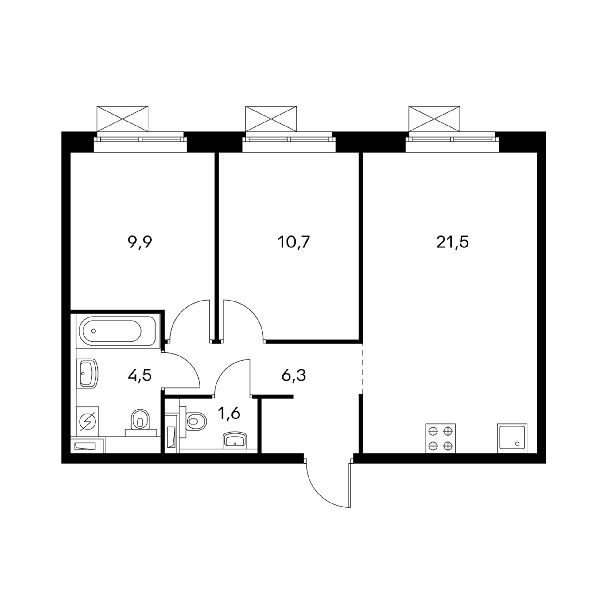 2-комнатная 54  м²