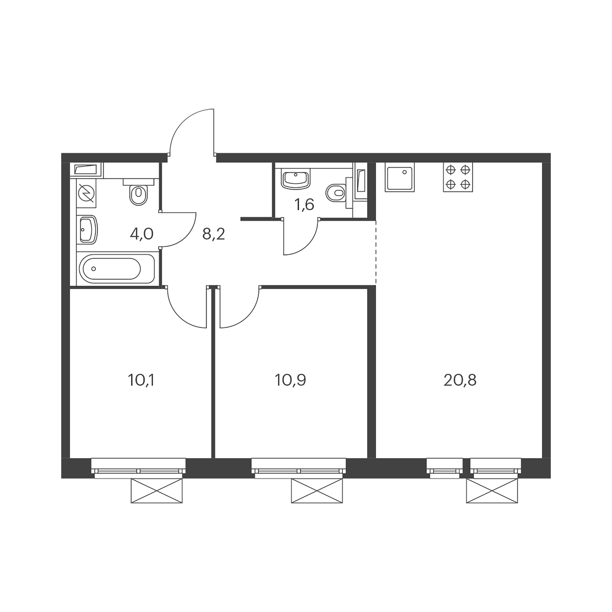 2-комнатная 55.8  м²