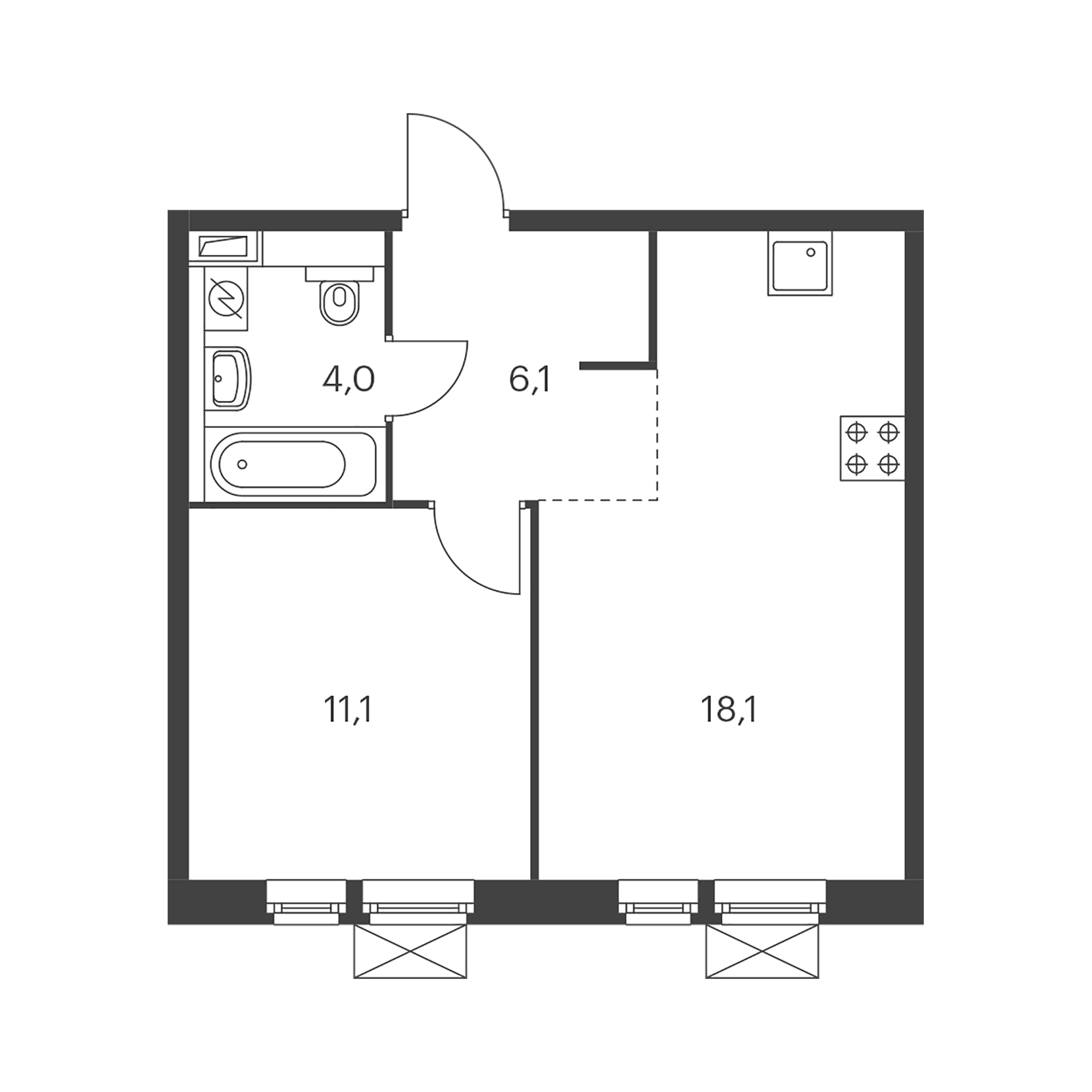 1-комнатная 39.3 м²