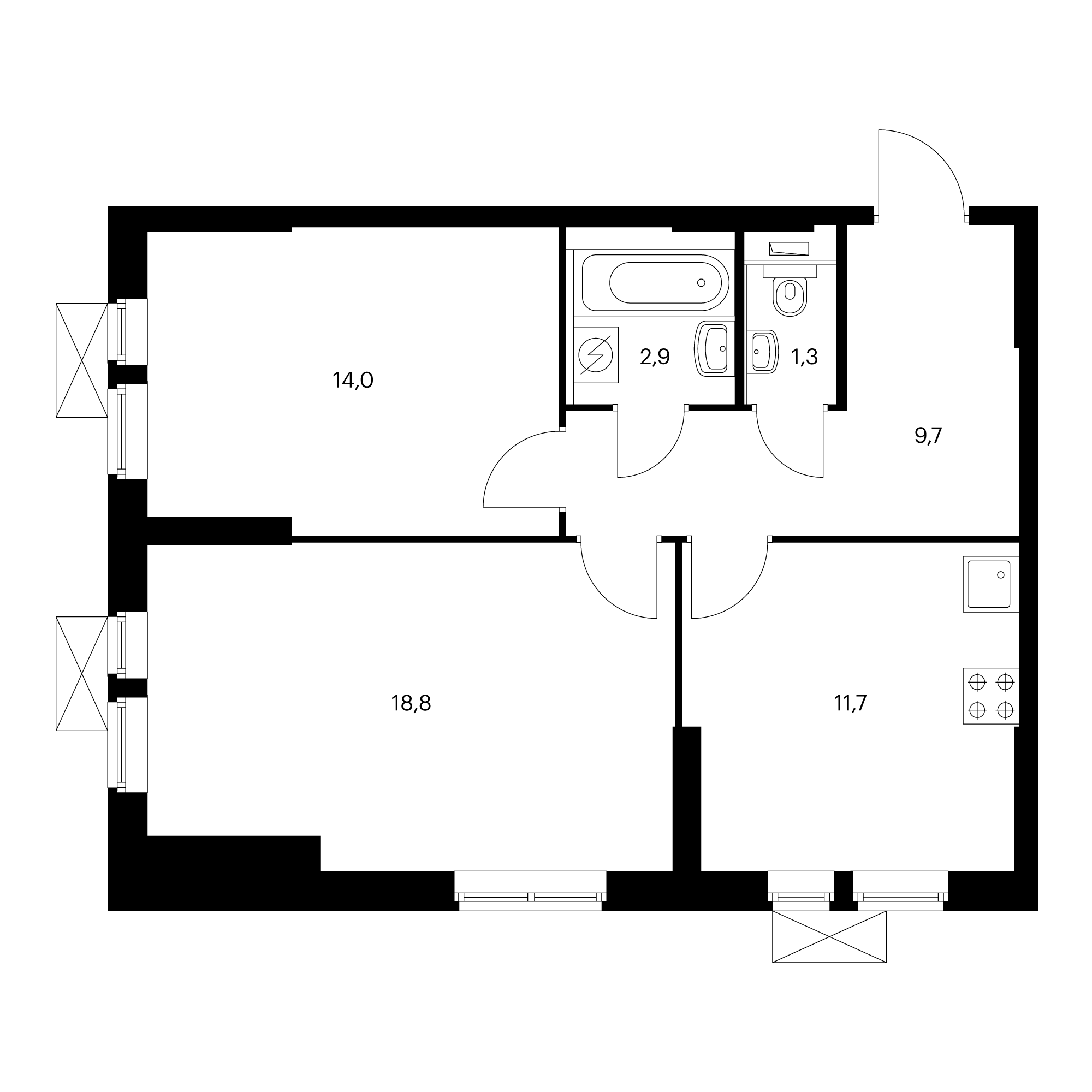 2-комнатная 58.4  м²