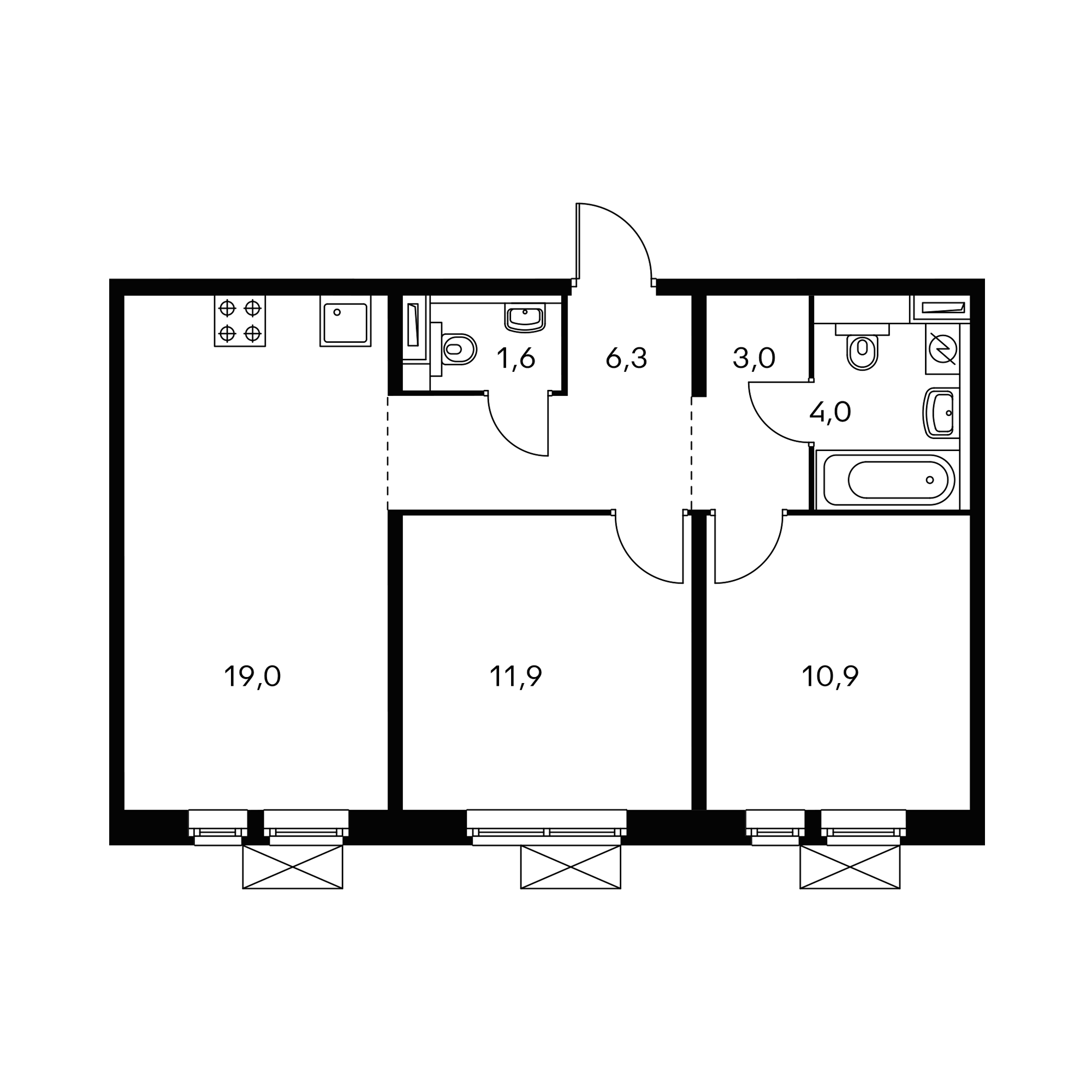 2-комнатная 56.7  м²