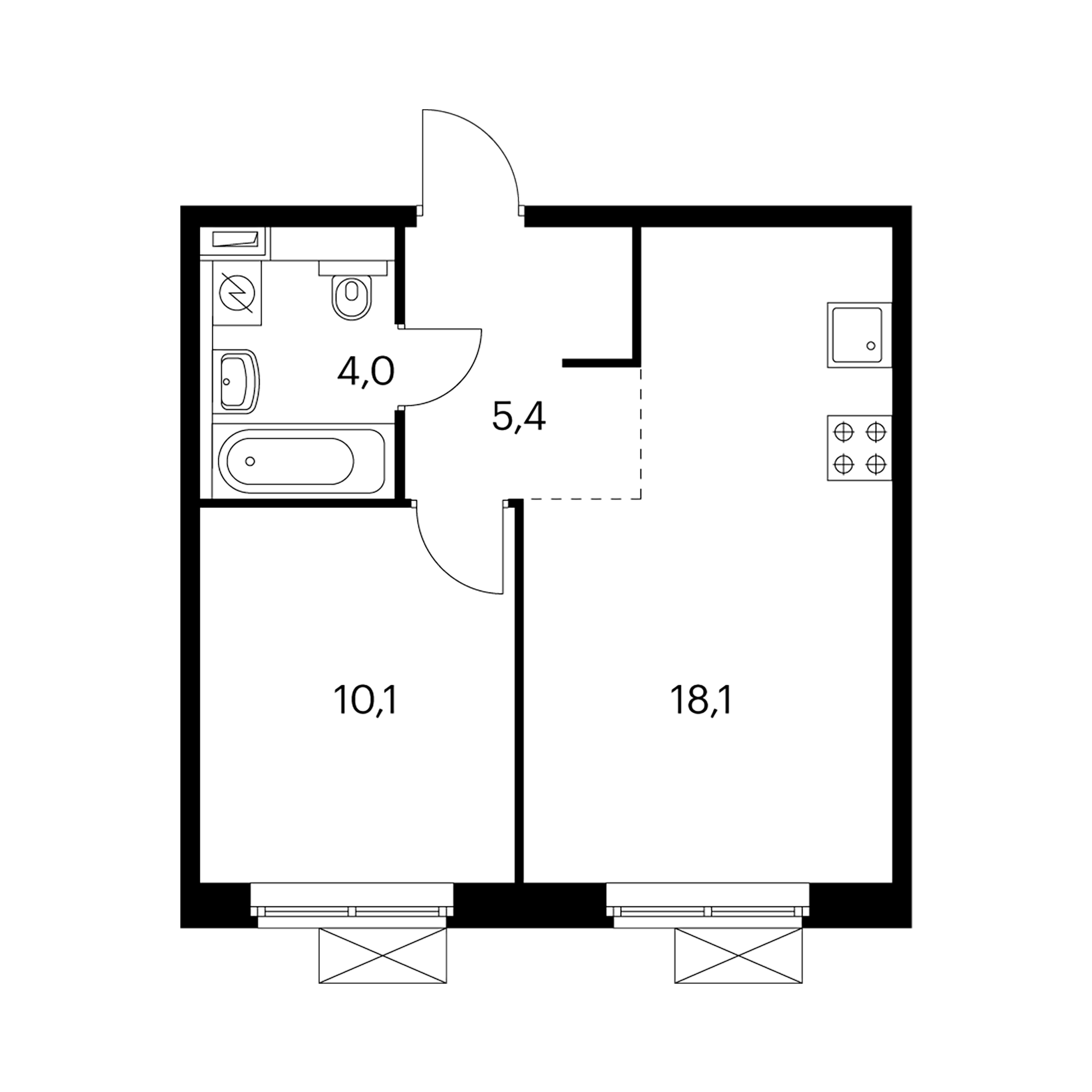 1-комнатная 37.6 м²