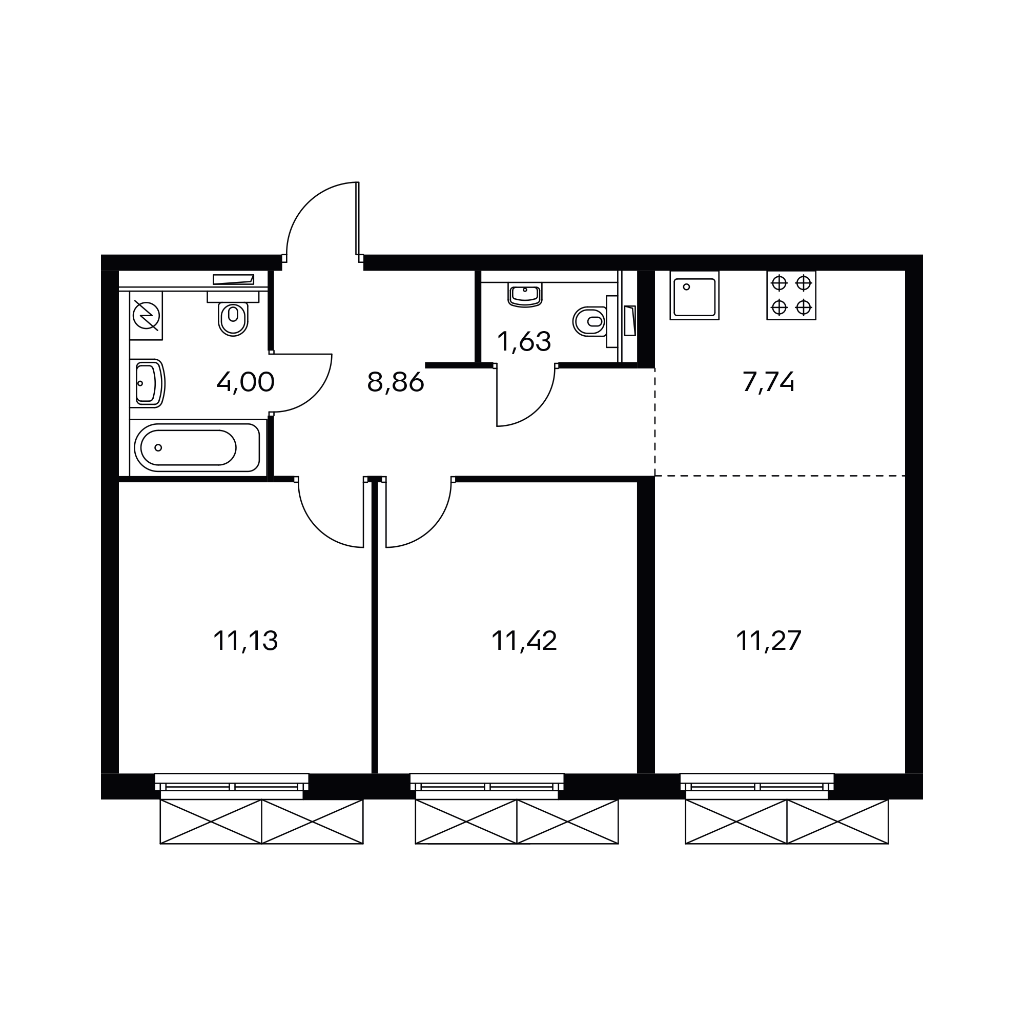 3-комнатная 56.5 м²
