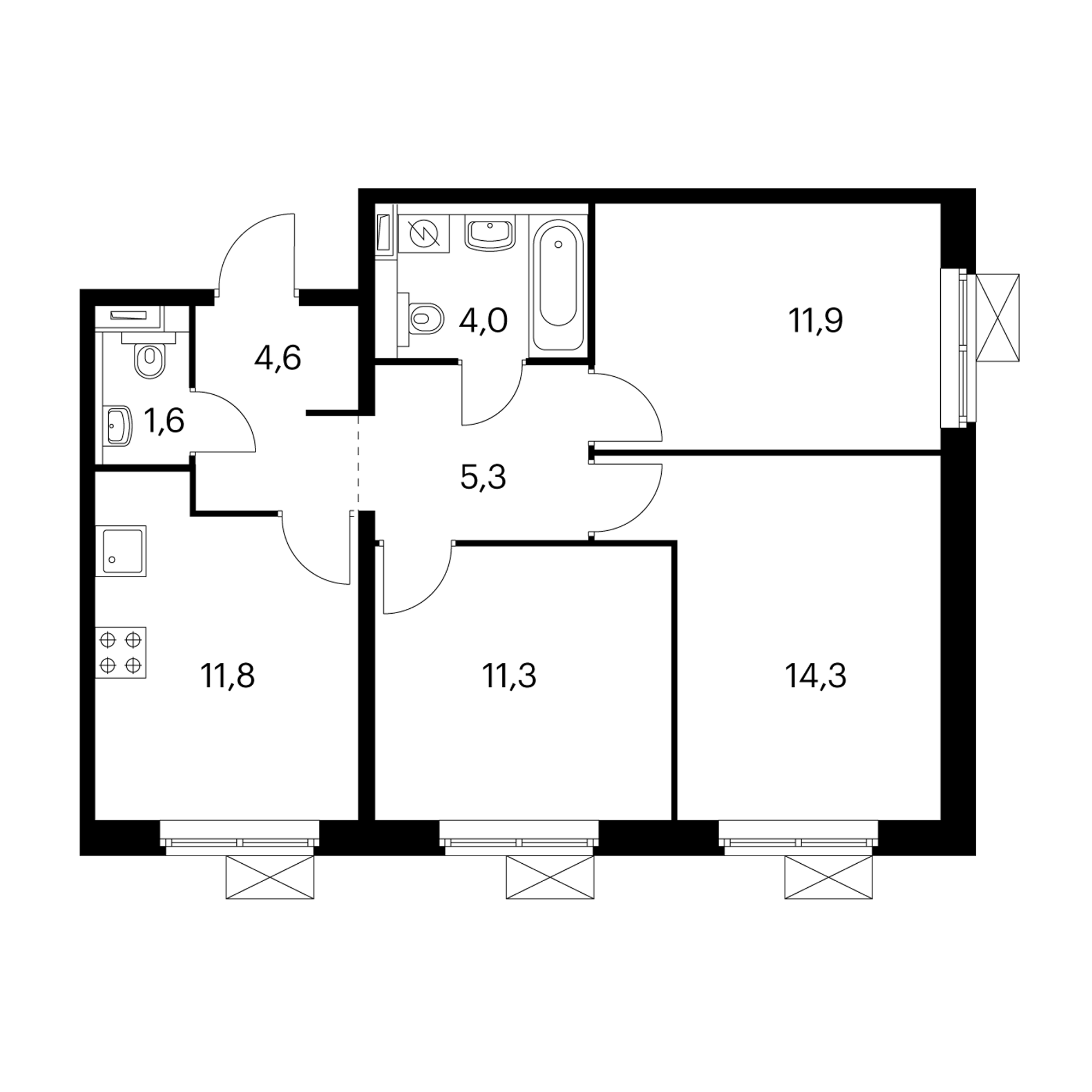 3-комнатная 63.8  м²