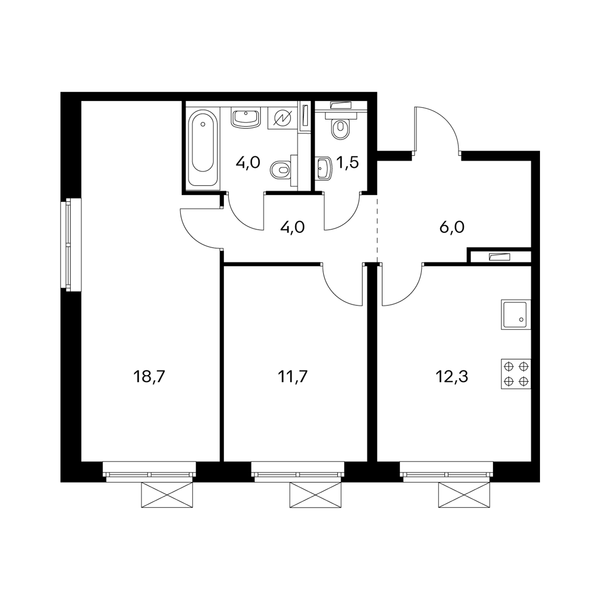 2-комнатная 57.4  м²