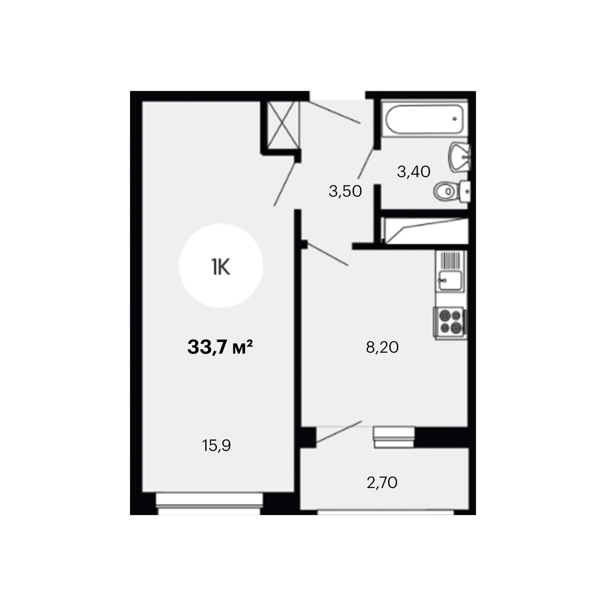 1-комнатная 33.7 м²