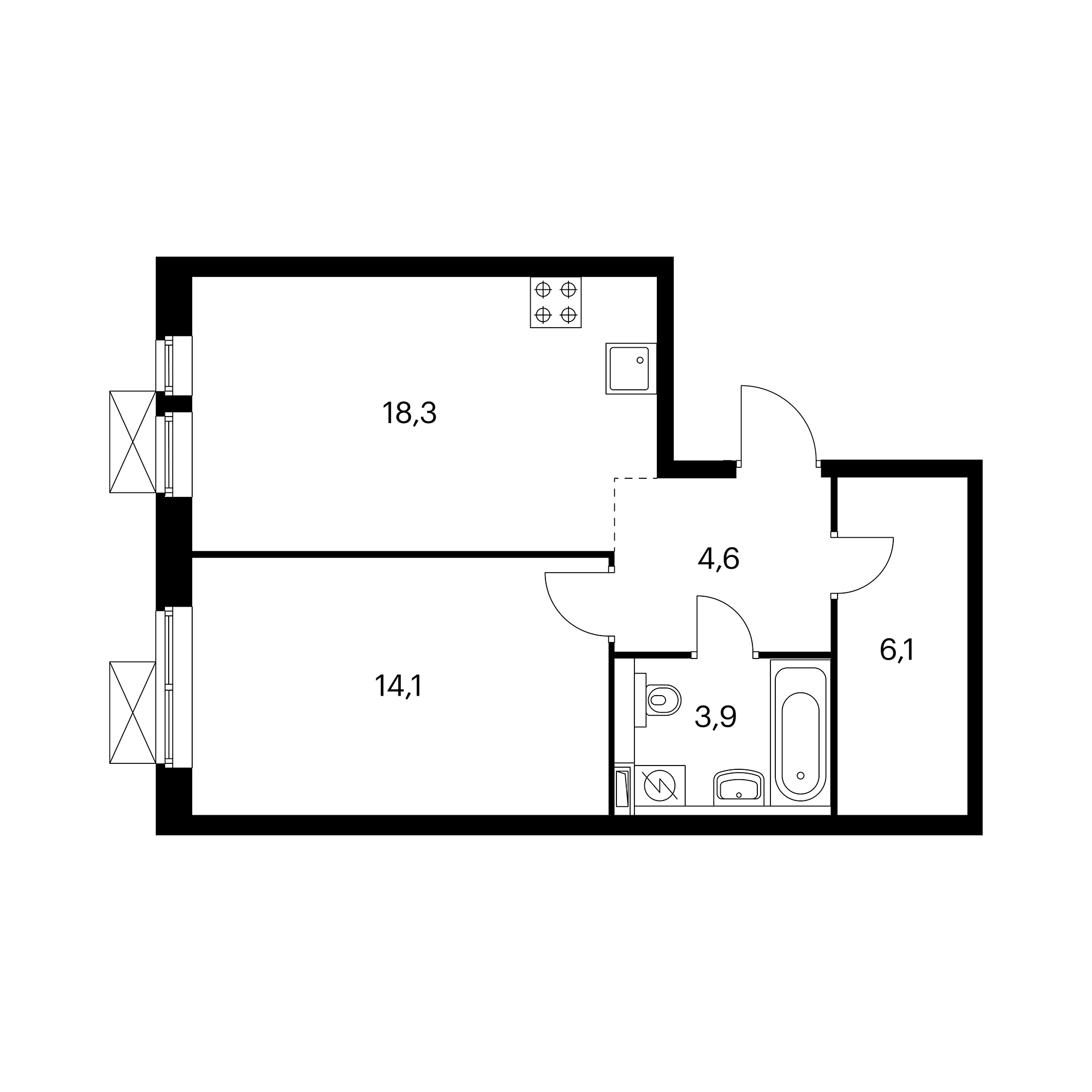 1-комнатная 47.3 м²