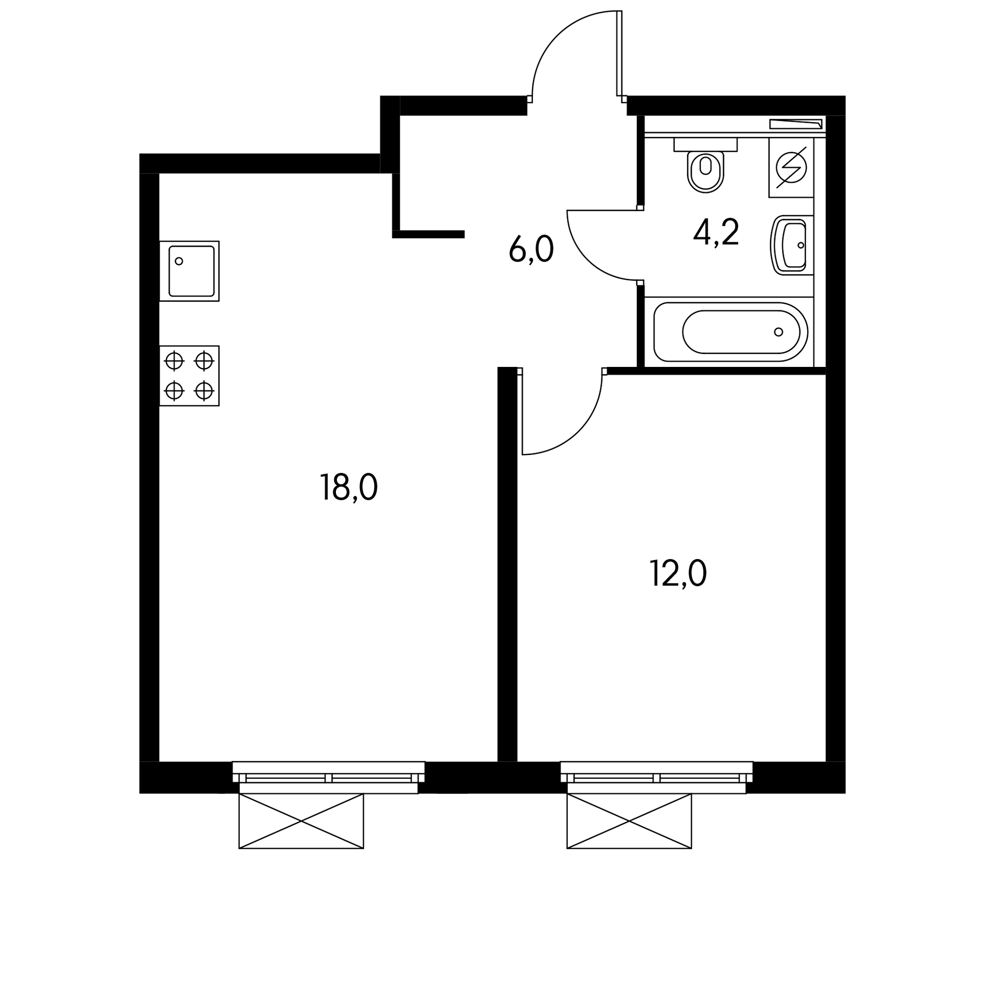 1-комнатная 40  м²