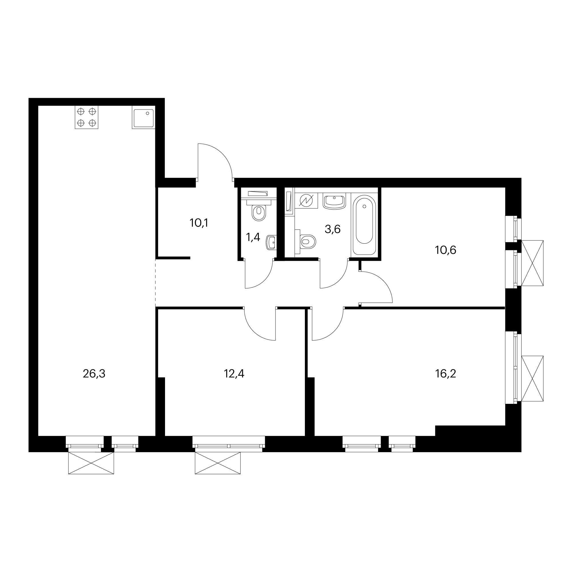 3-комнатная 80.6  м²