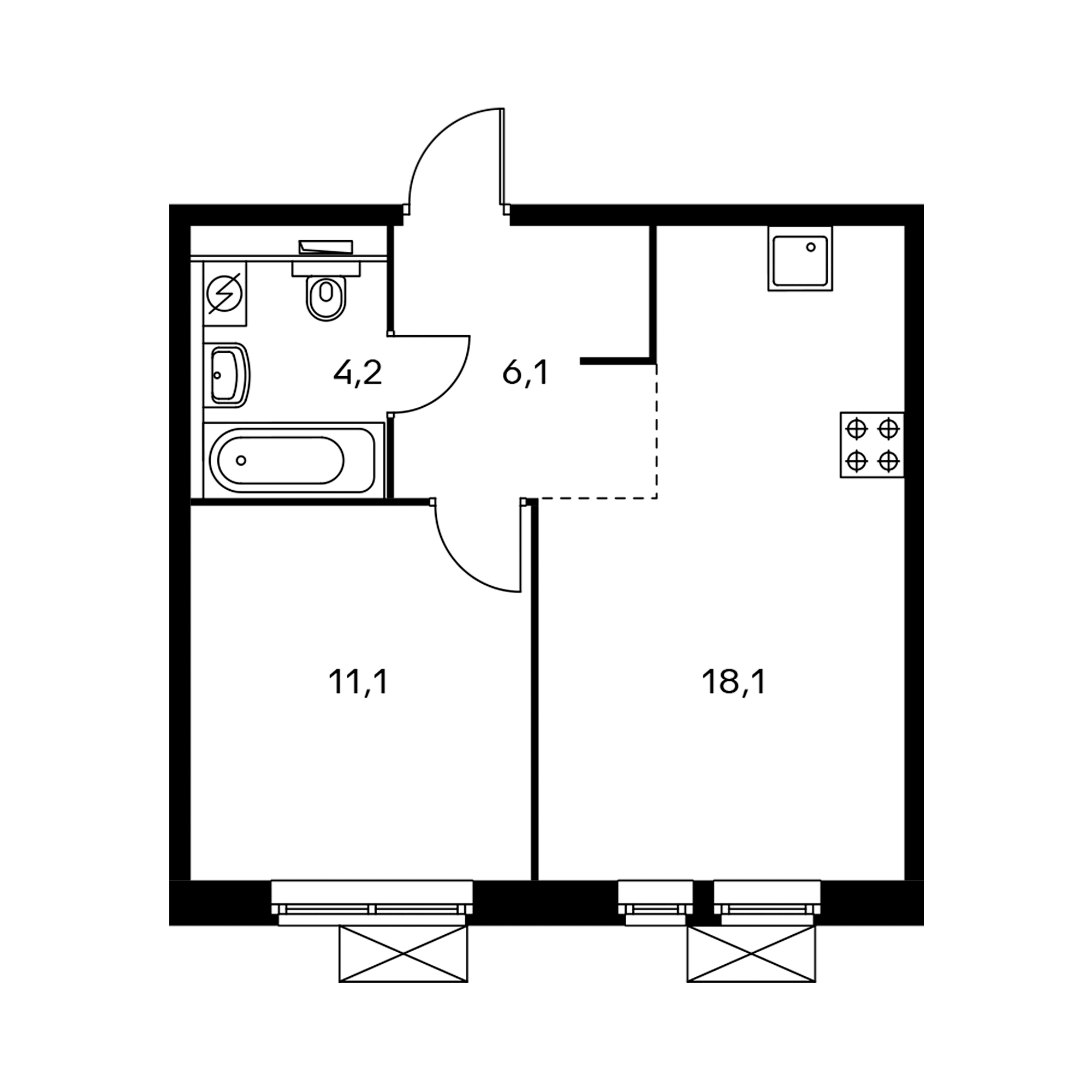 1-комнатная 39.2 м²