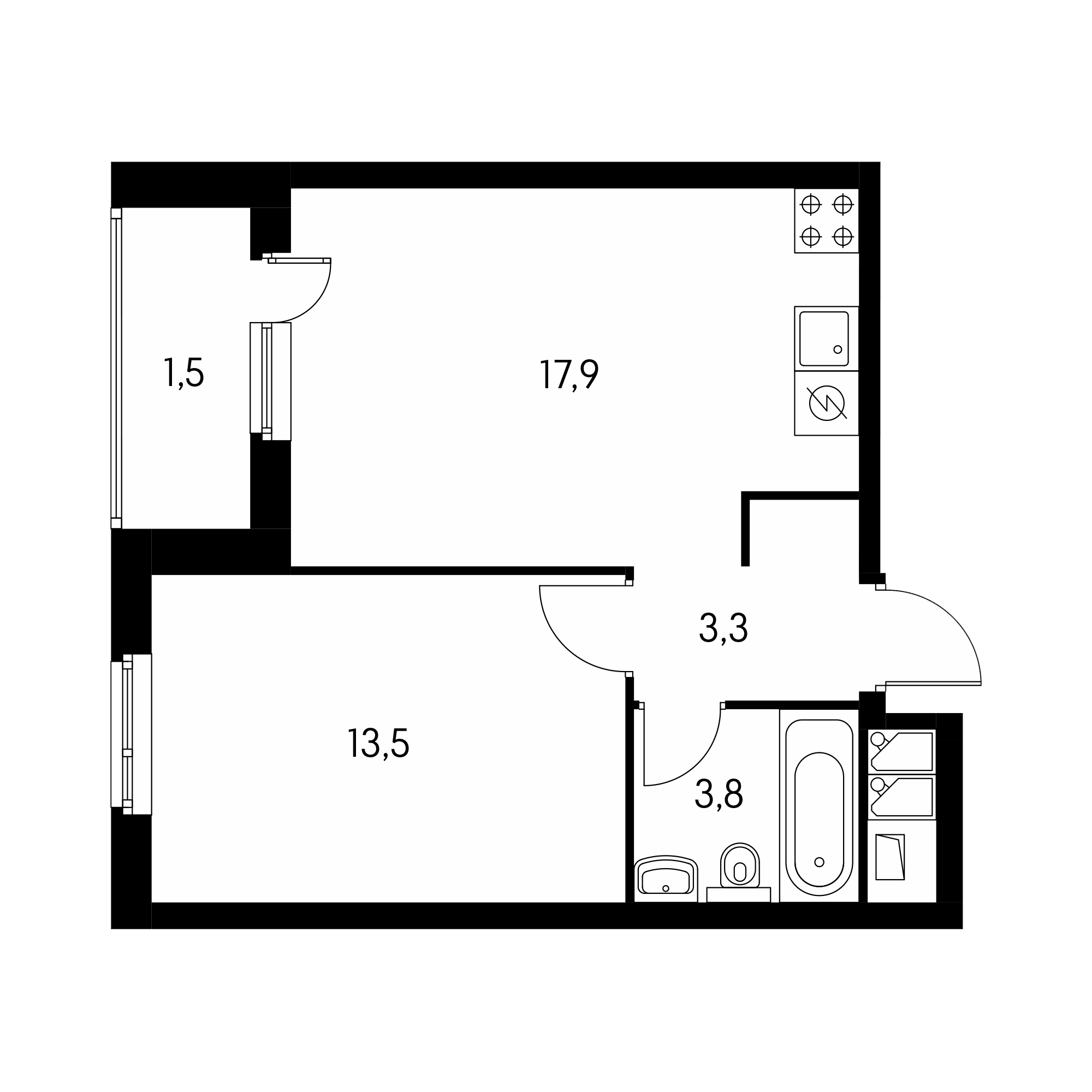 1-комнатная 39.7  м²