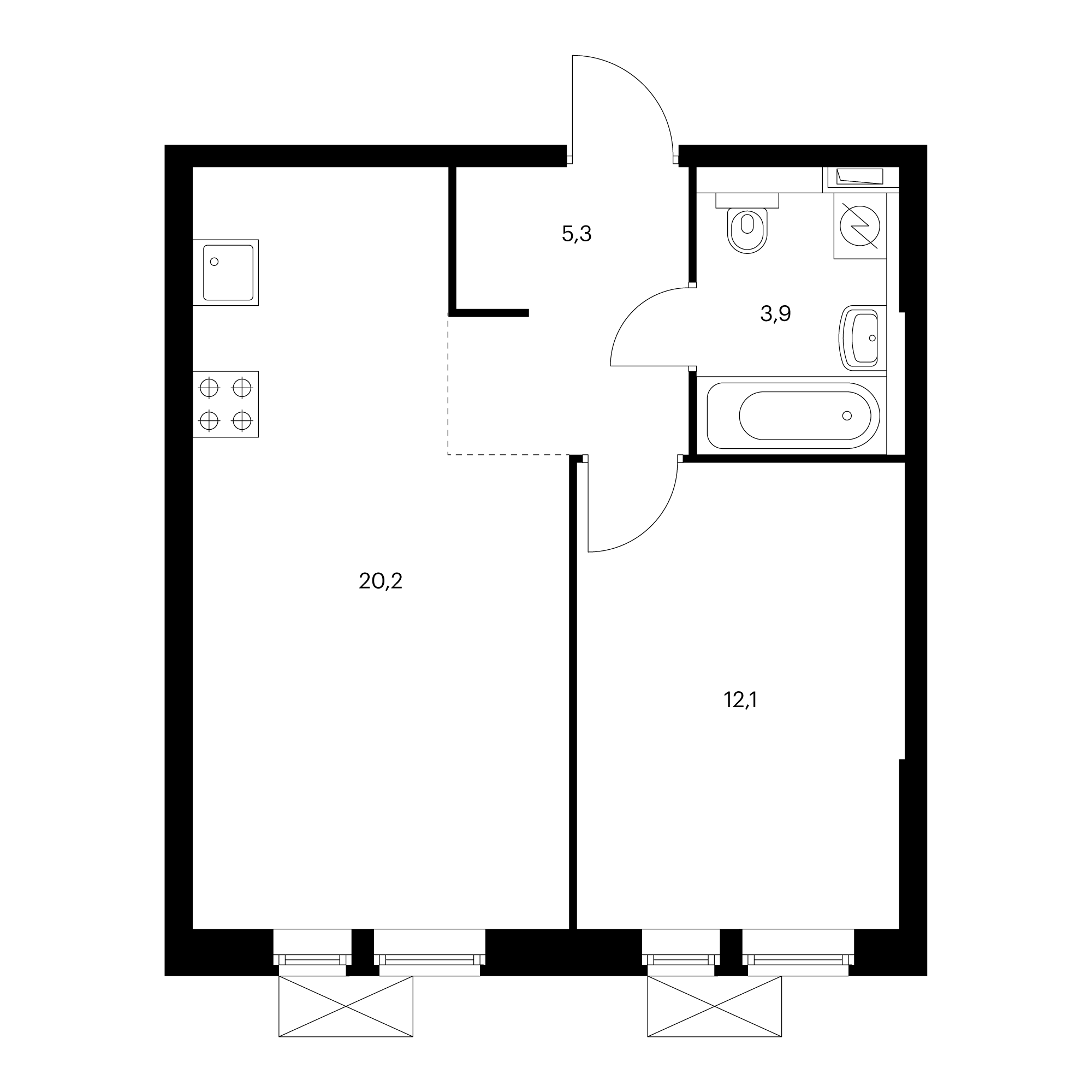 1-комнатная 41.6  м²
