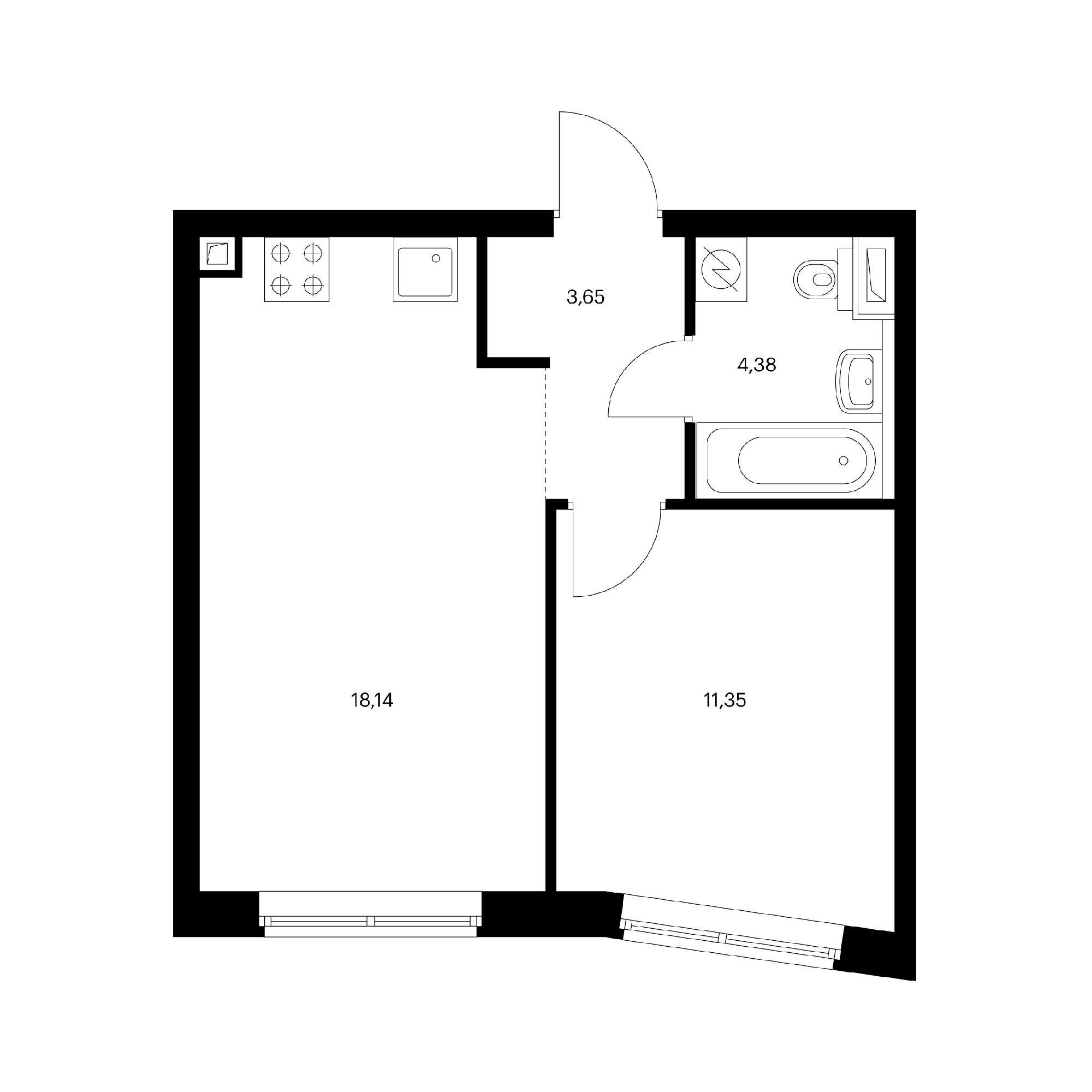 1-комнатная 37.52  м²