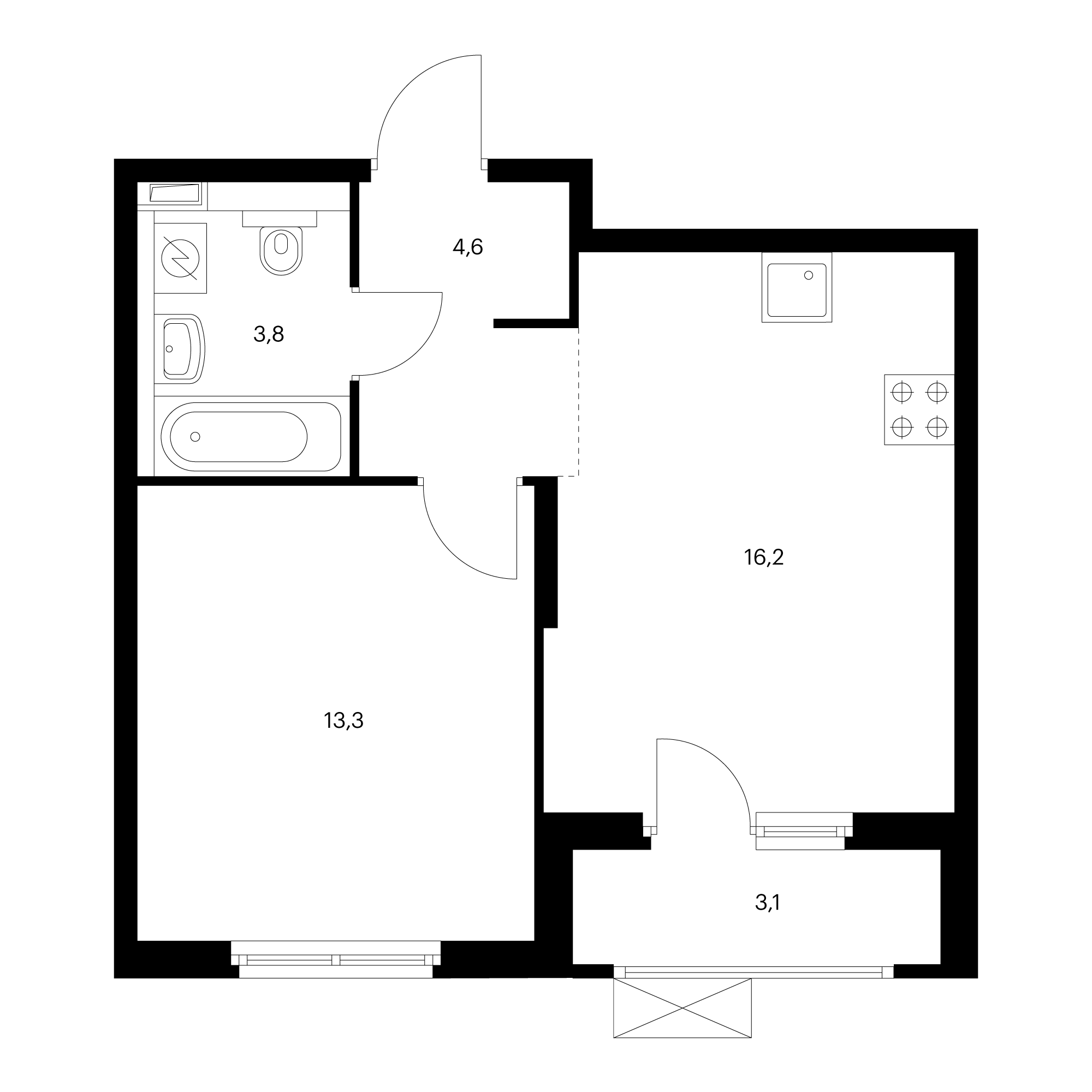 1-комнатная 39 м²