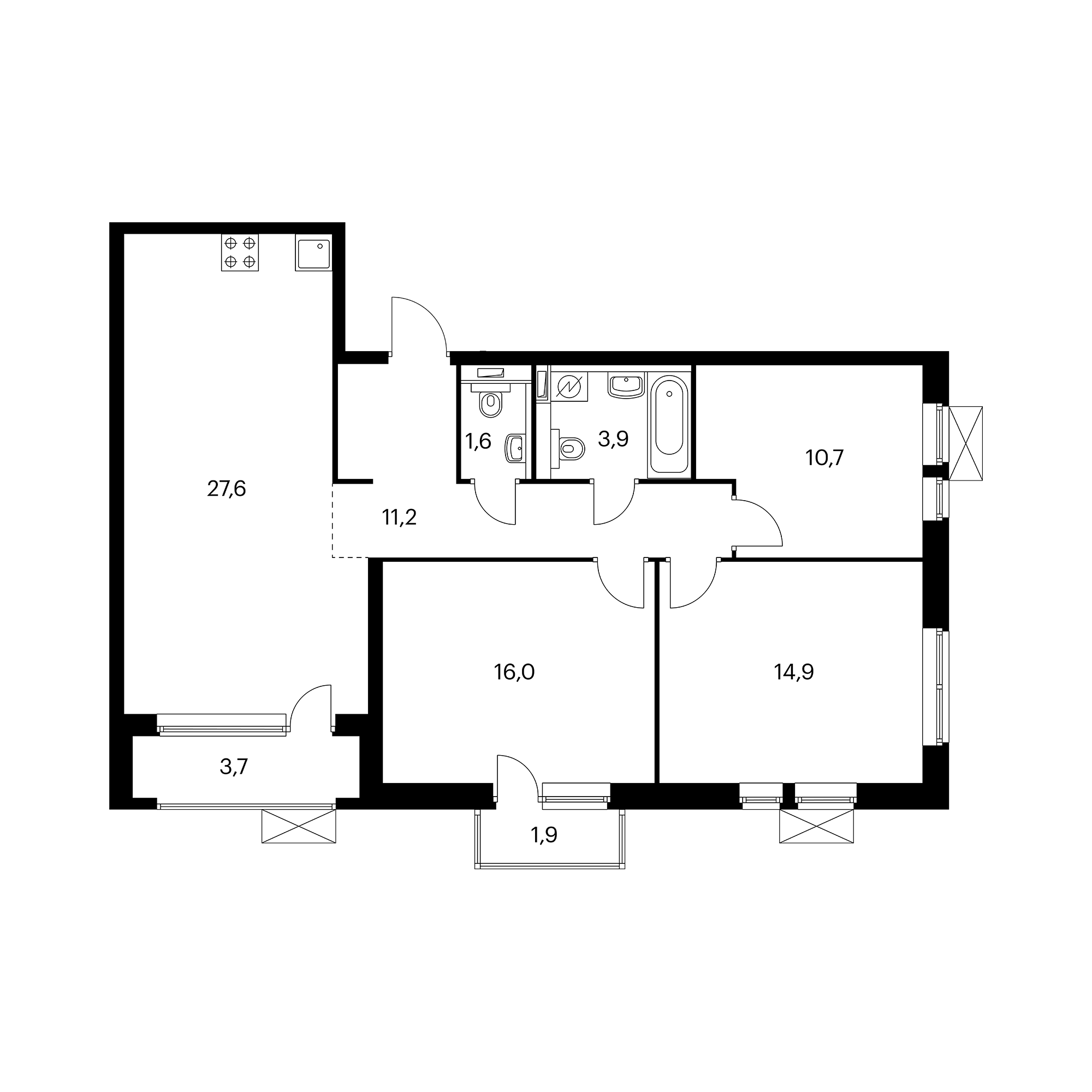 3-комнатная 88.9 м²