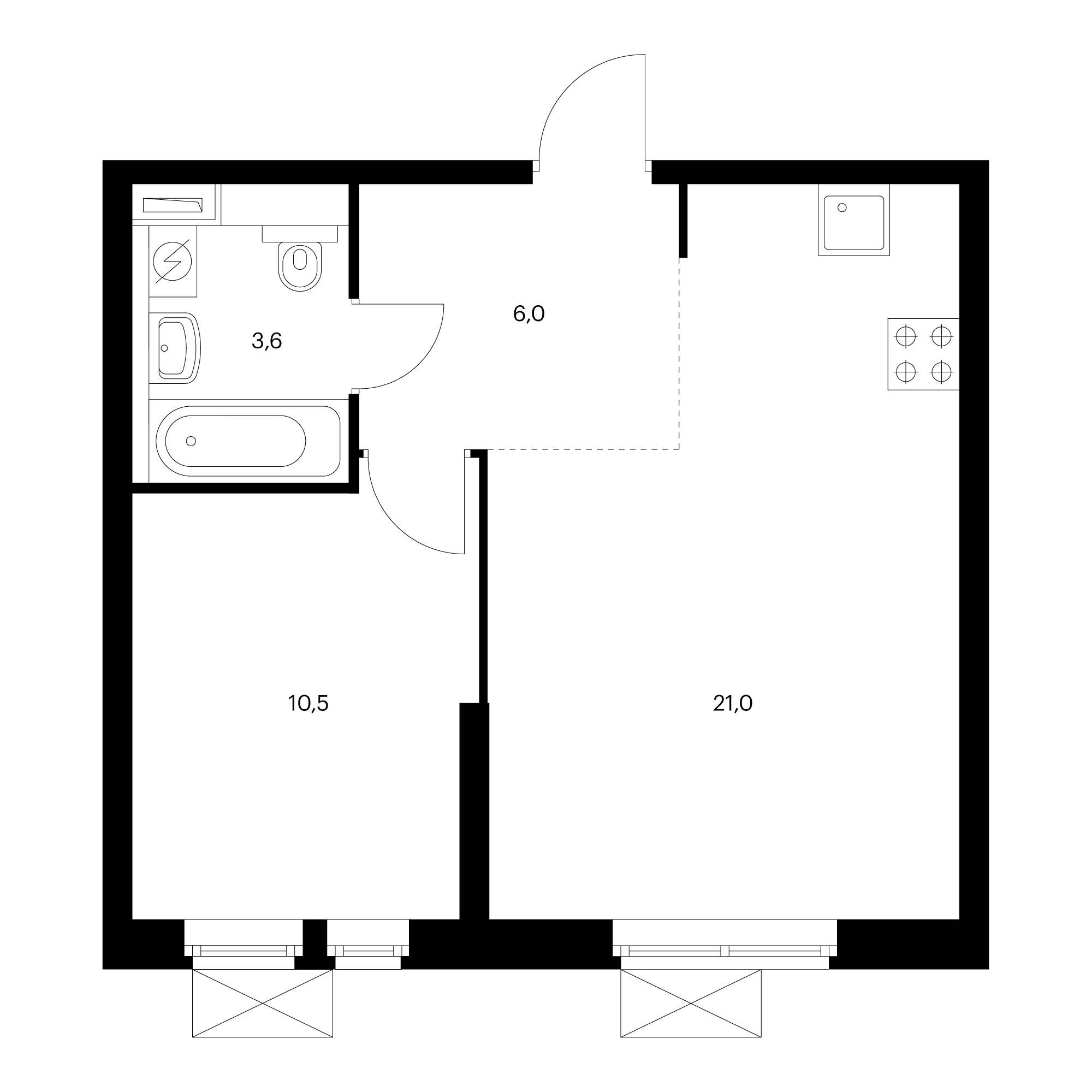 1-комнатная 41.3 м²