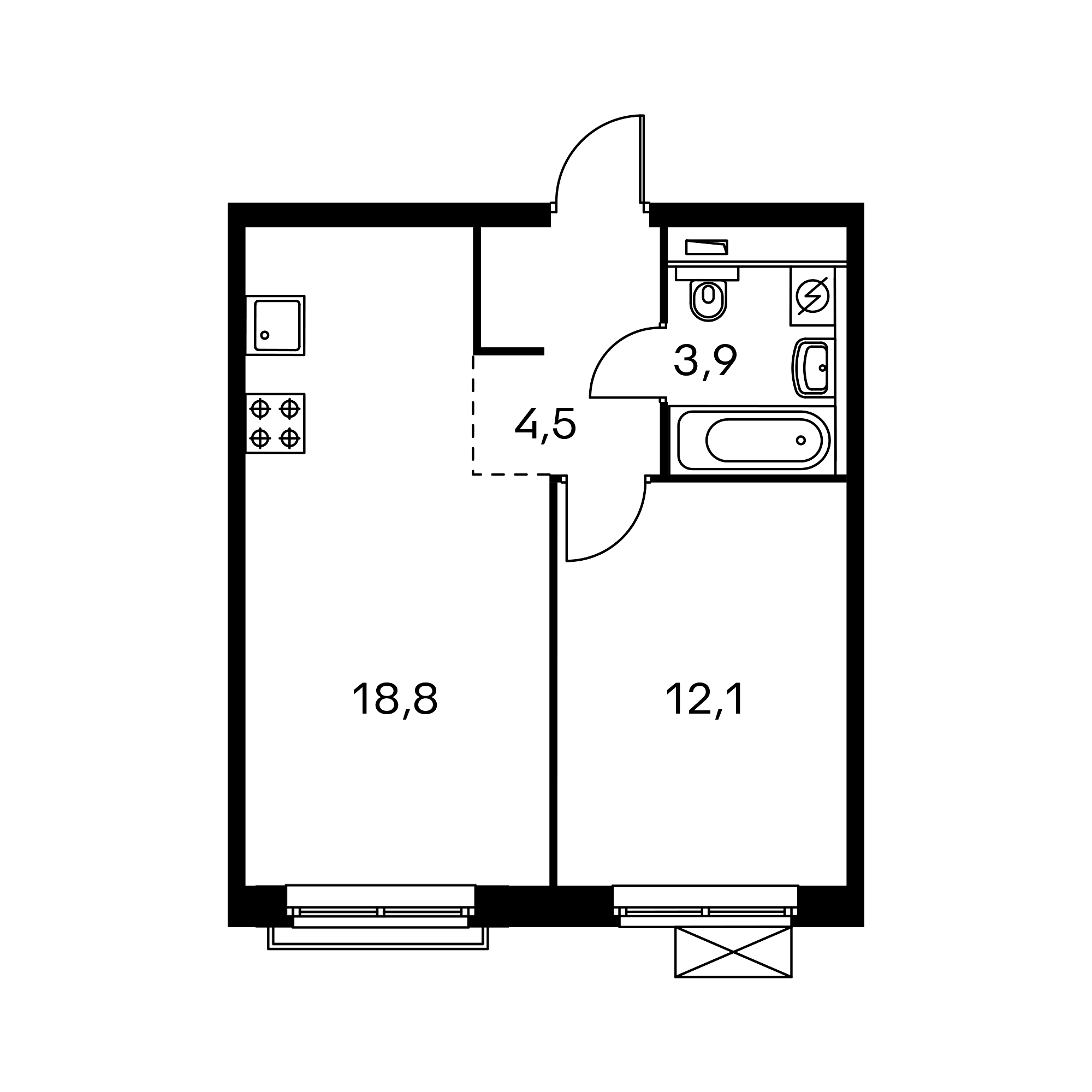 1-комнатная 39.3  м²