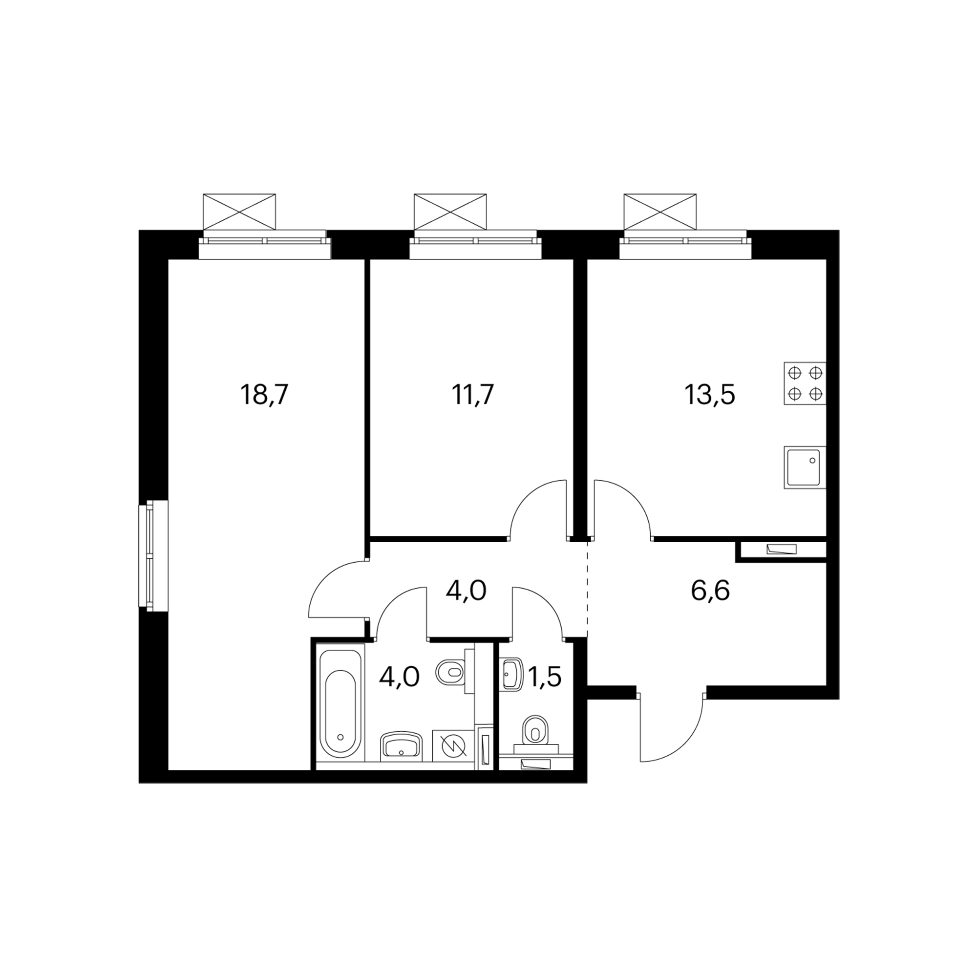 2-комнатная 60  м²