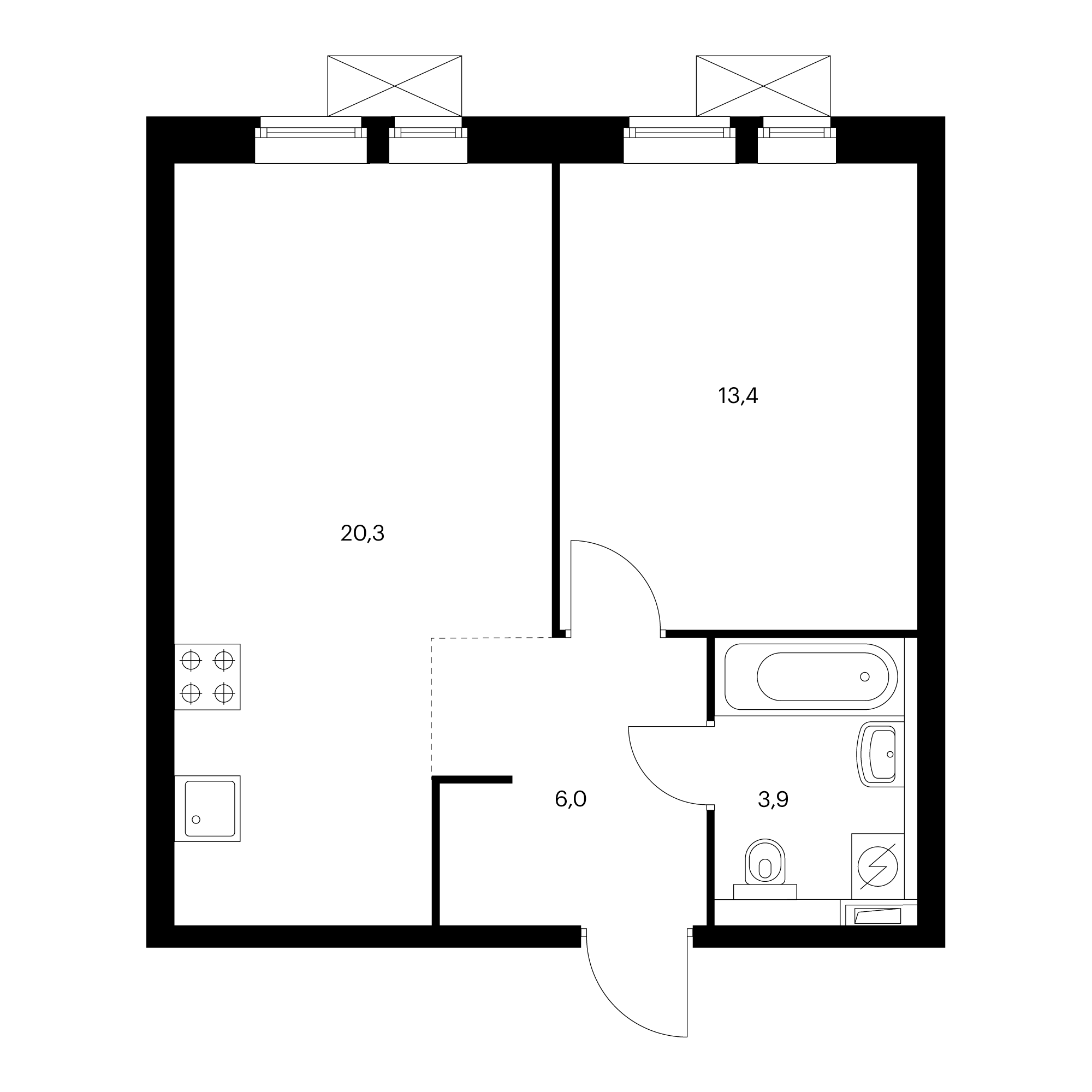 1-комнатная 43.6 м²