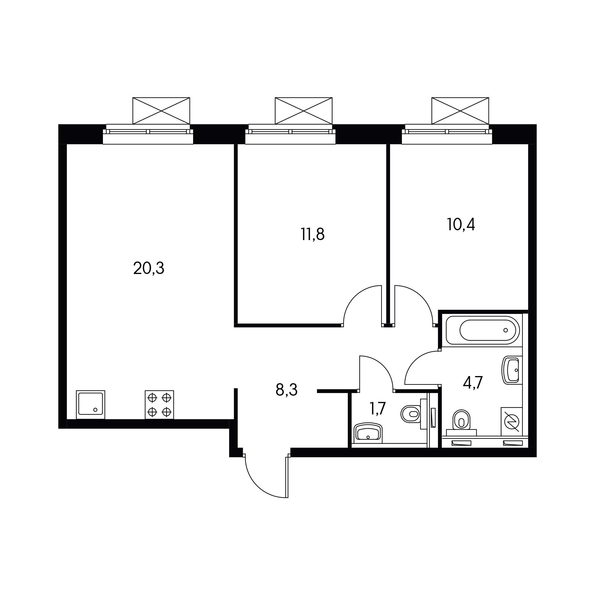 2-комнатная 57.5 м²