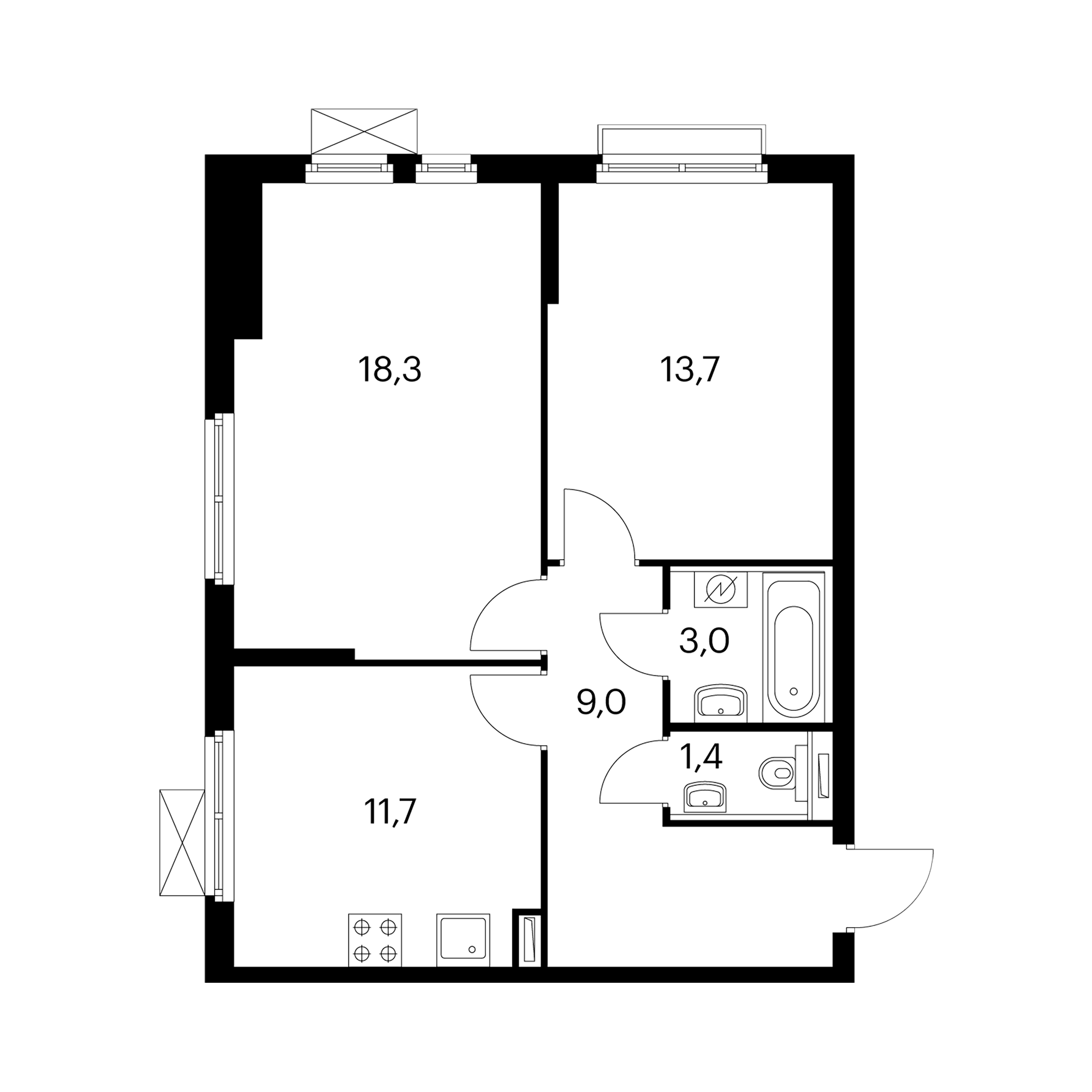 2-комнатная 57 м²
