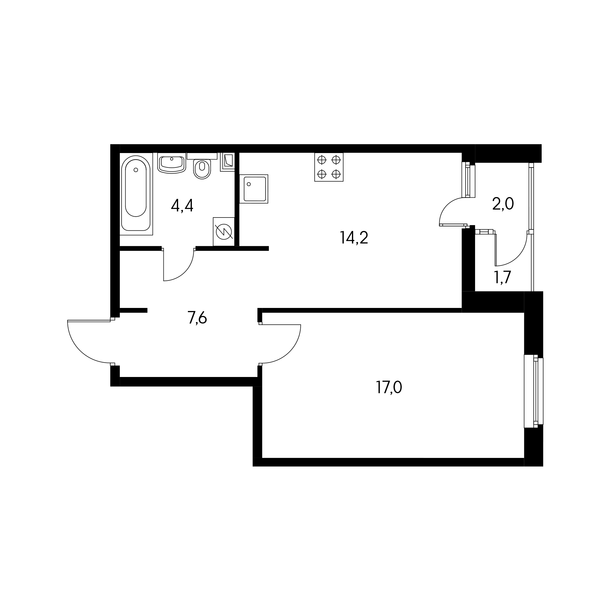 1-комнатная 44.3 м²