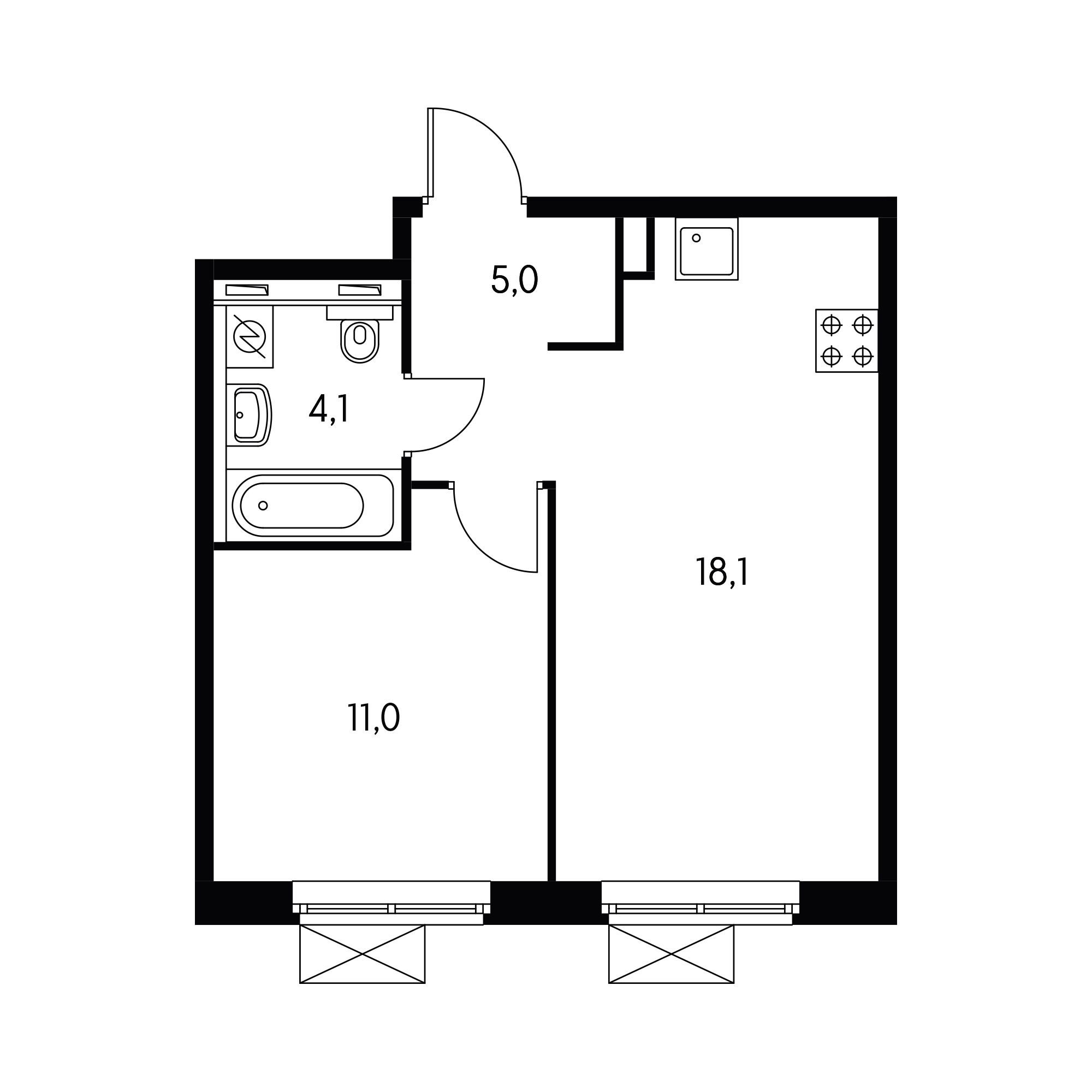 1-комнатная 38.5 м²