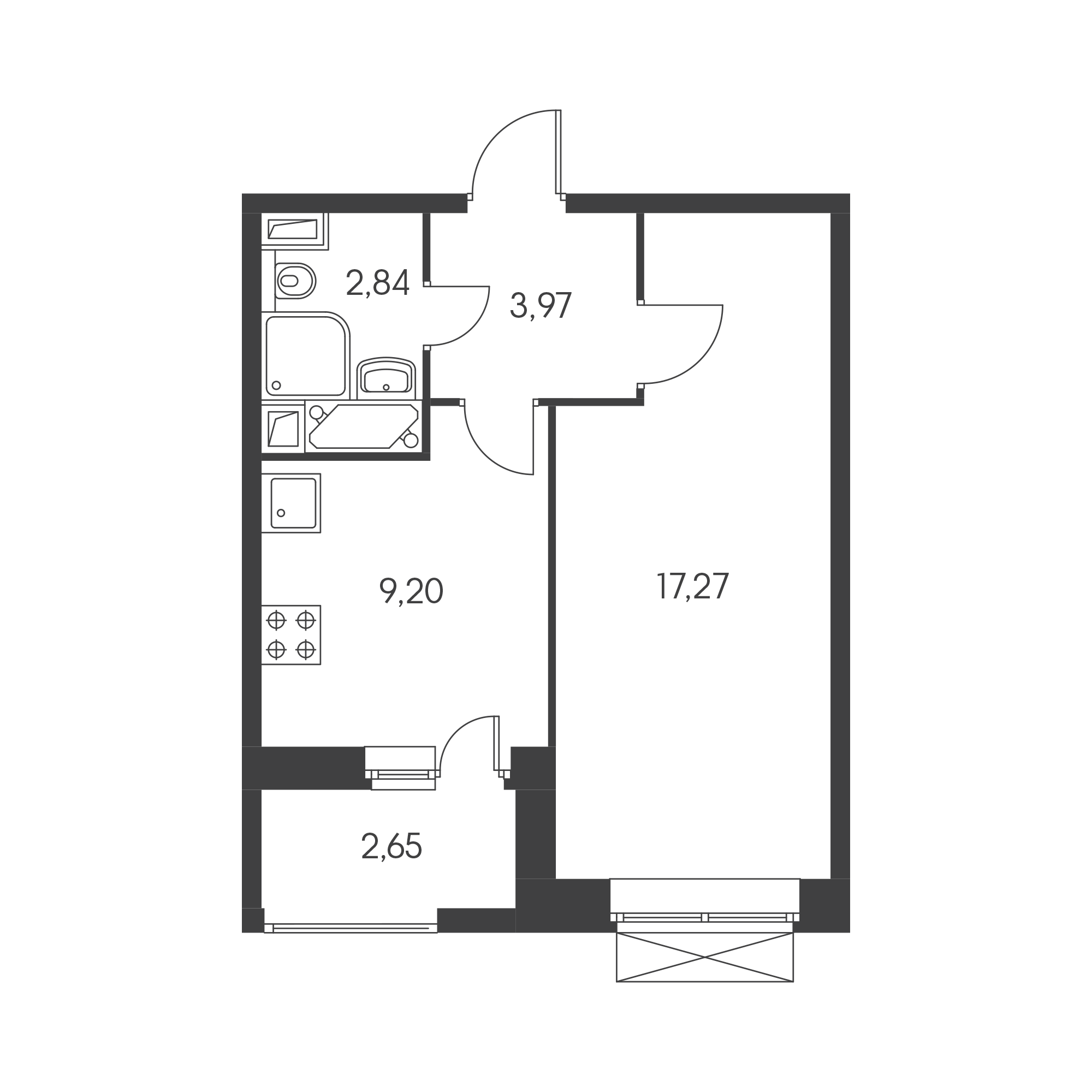 Планировка квартиры в проекте «Жемчужина Зеленограда» от ПИК — площадью 35 м² и стоимостью 7 953 750 ₽