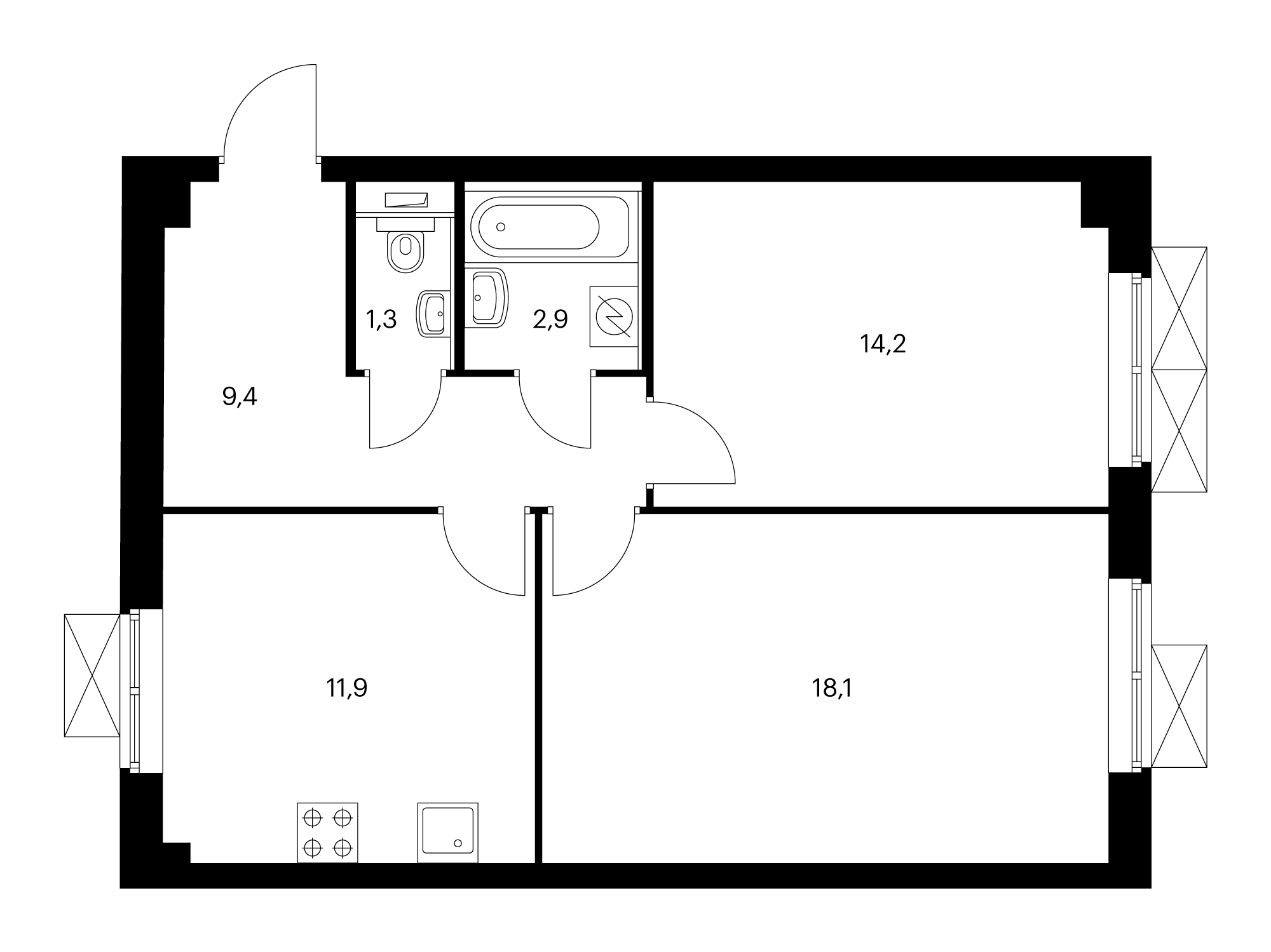 2-комнатная 57.8  м²
