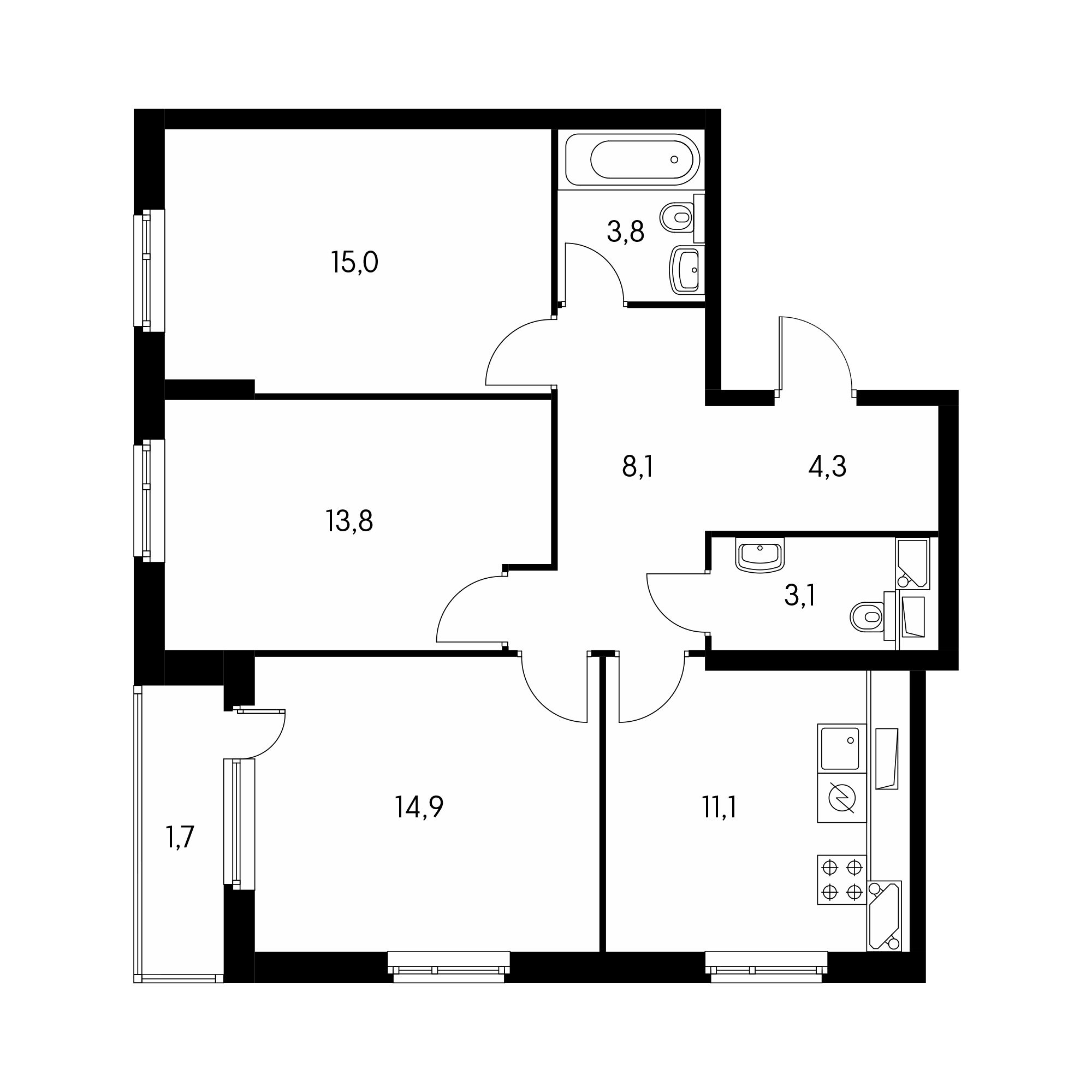 3-комнатная 76  м²