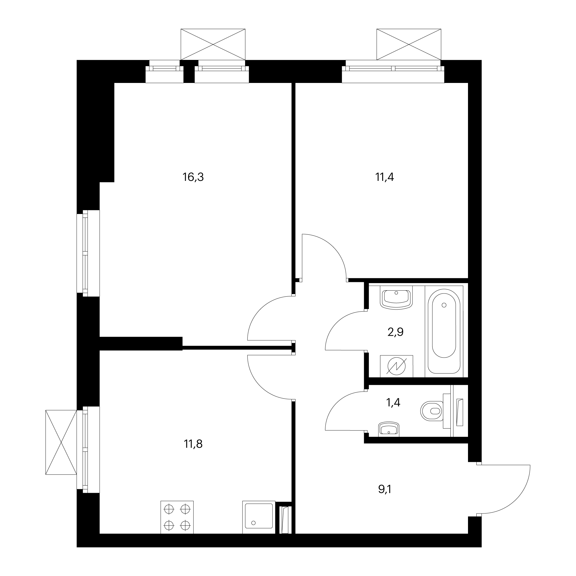 2-комнатная 53 м²