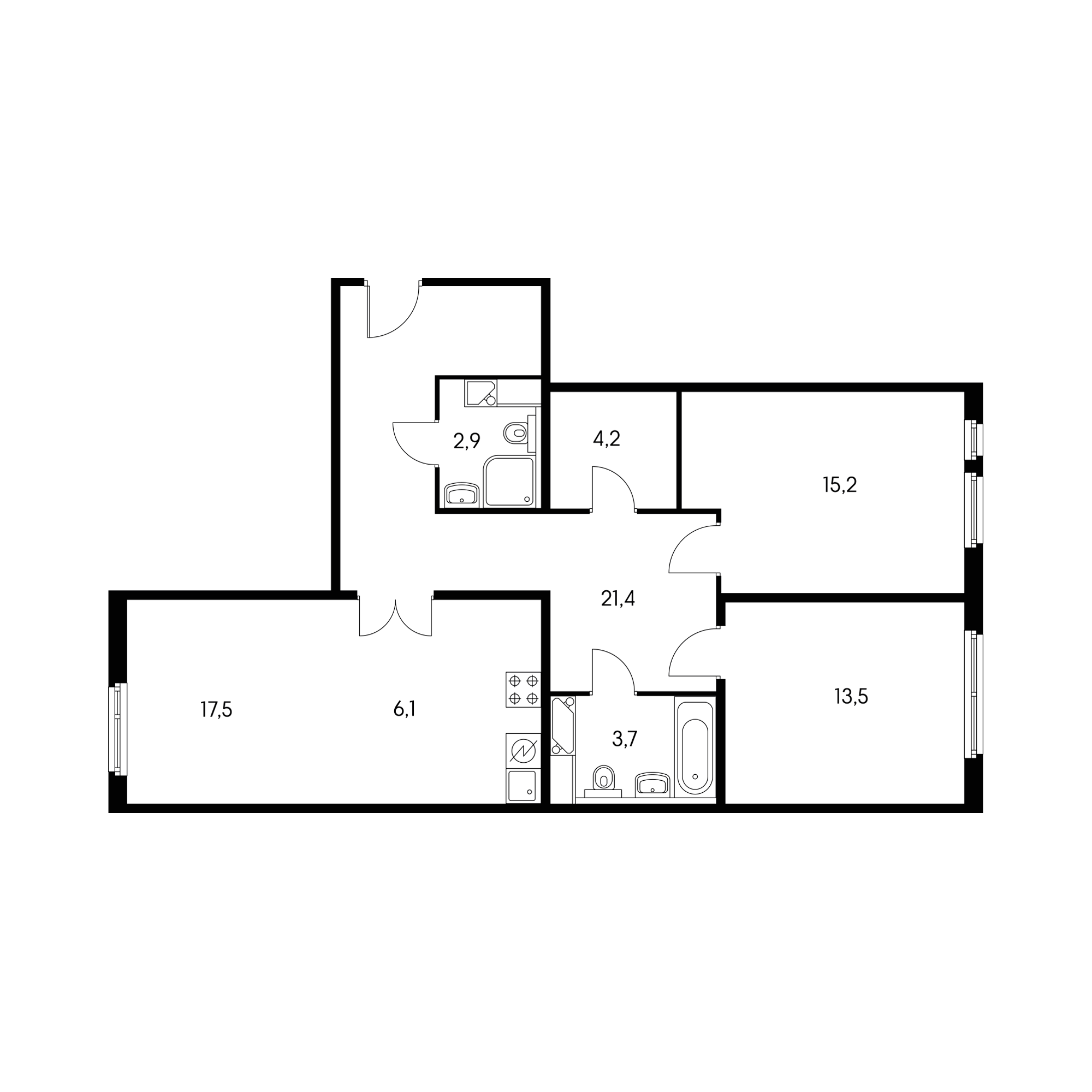 Планировка квартиры в проекте «Бунинские луга» от ПИК — площадью 86.6 м² и стоимостью 19 386 535 ₽