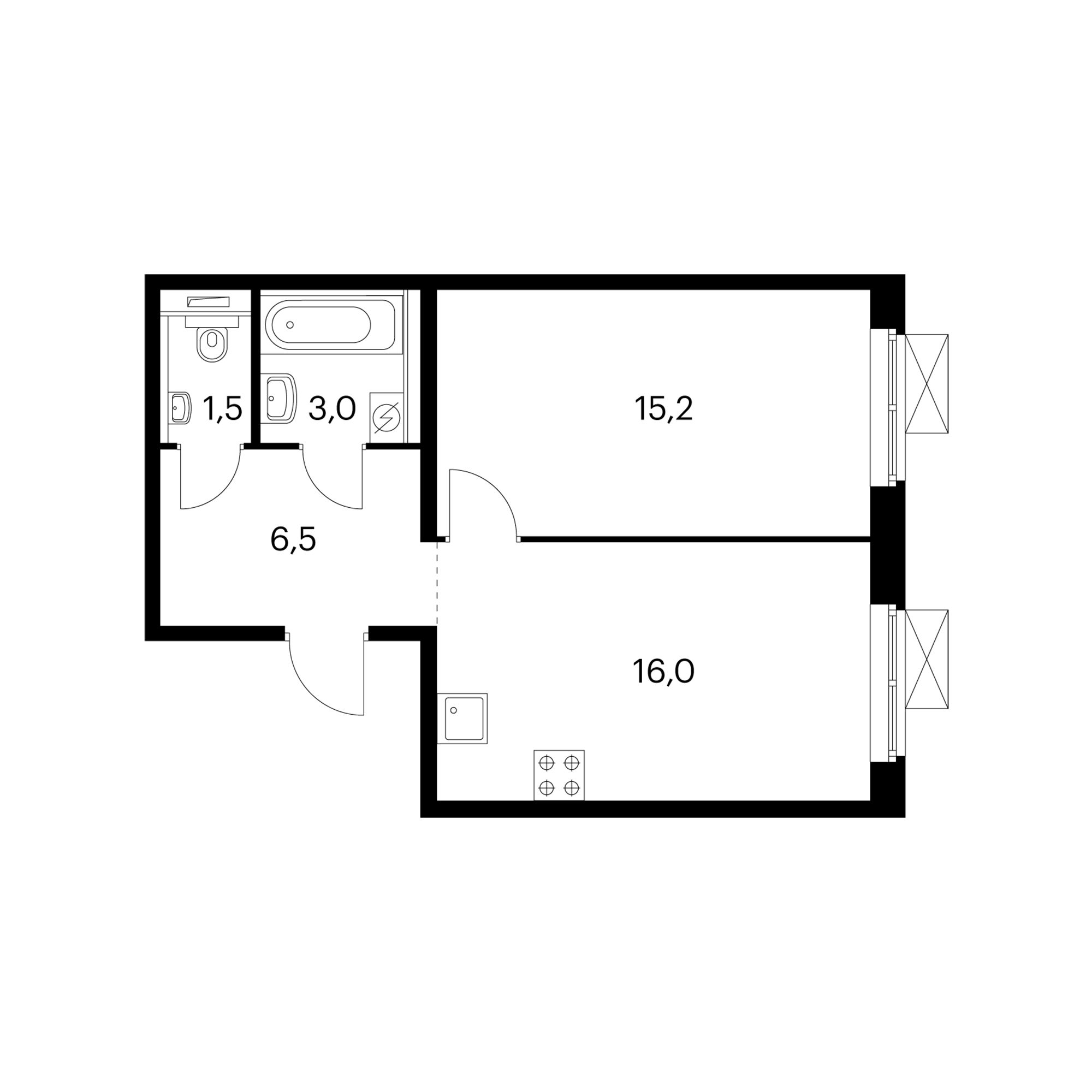 1-комнатная 41.9 м²