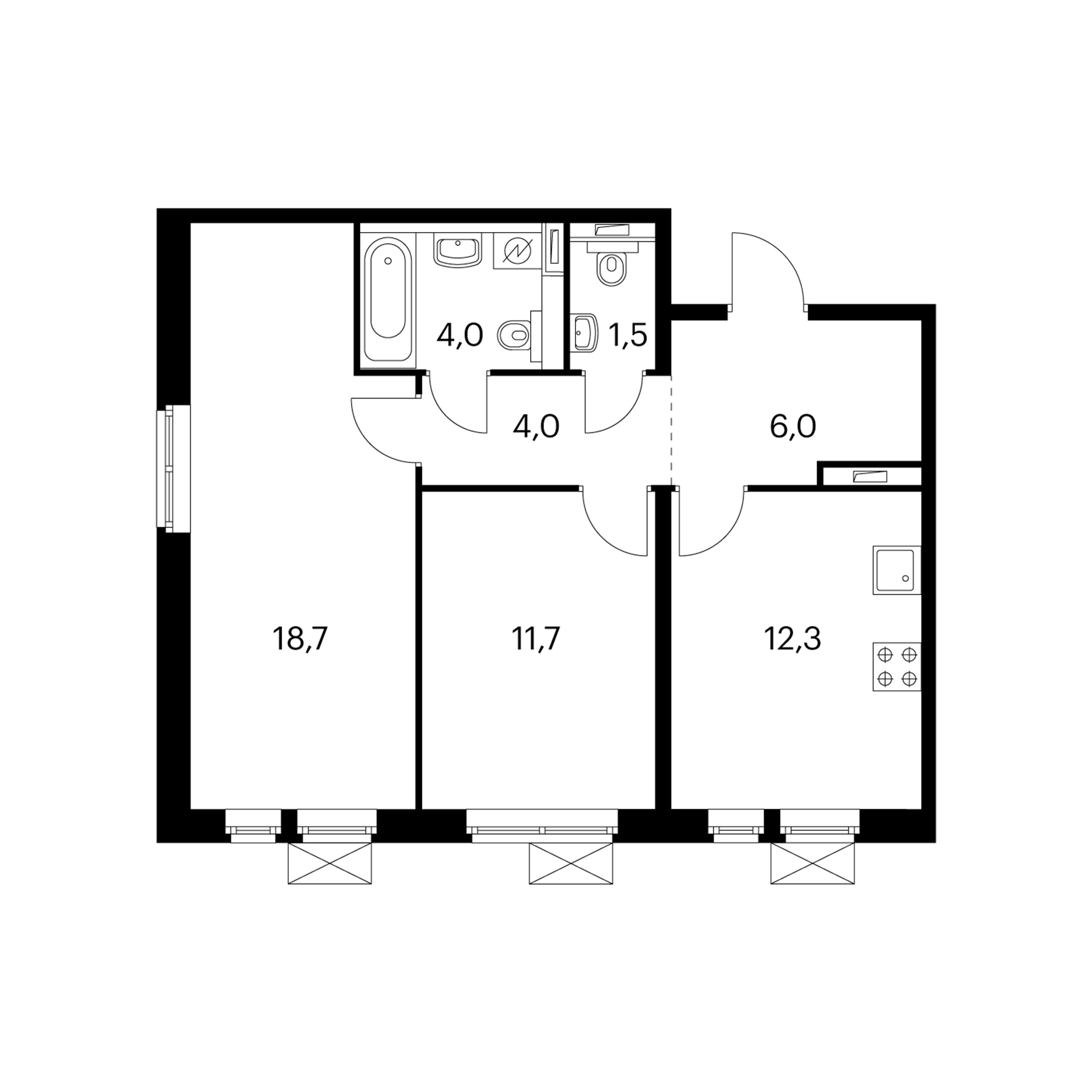 2-комнатная 58.2  м²