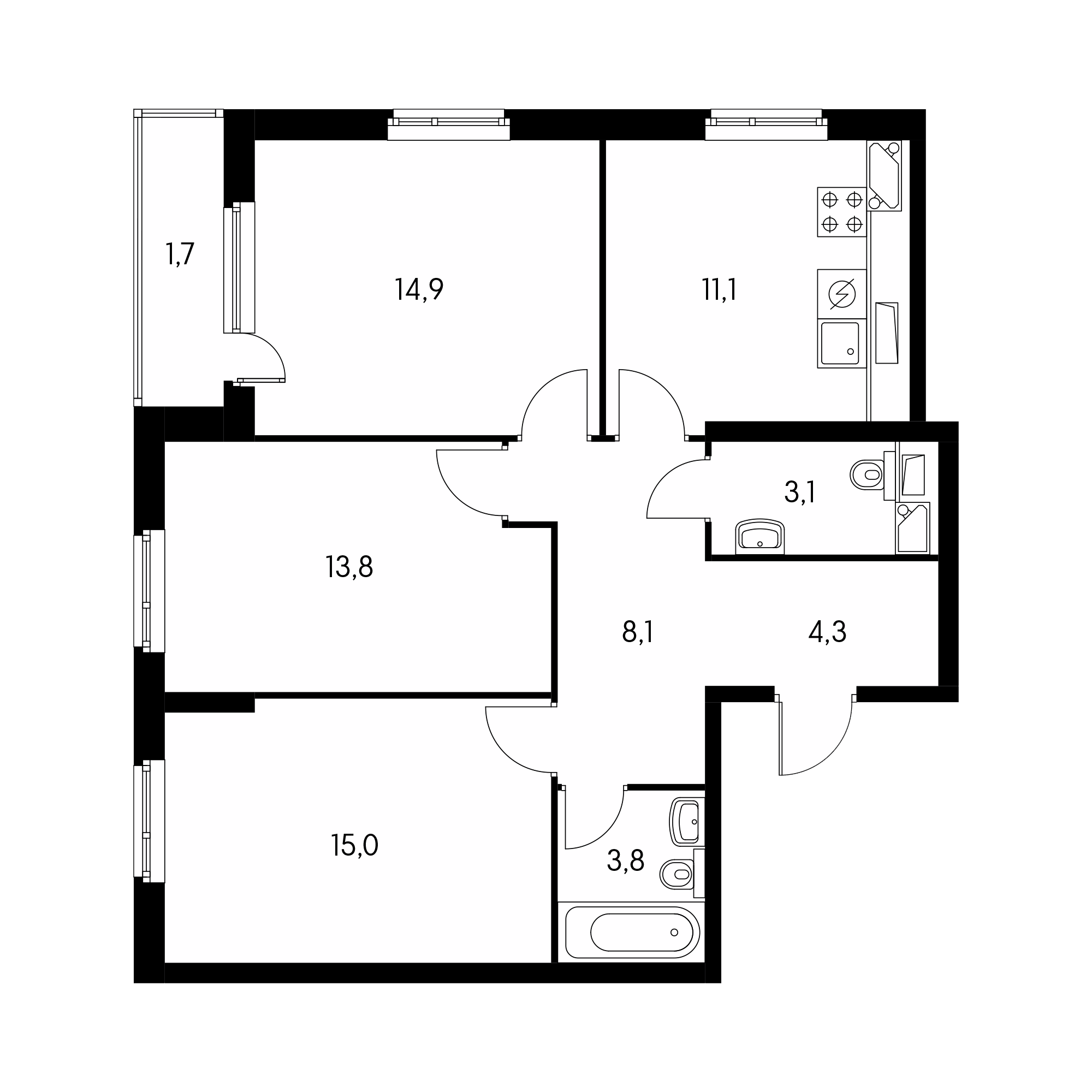 3-комнатная 75.7 м²
