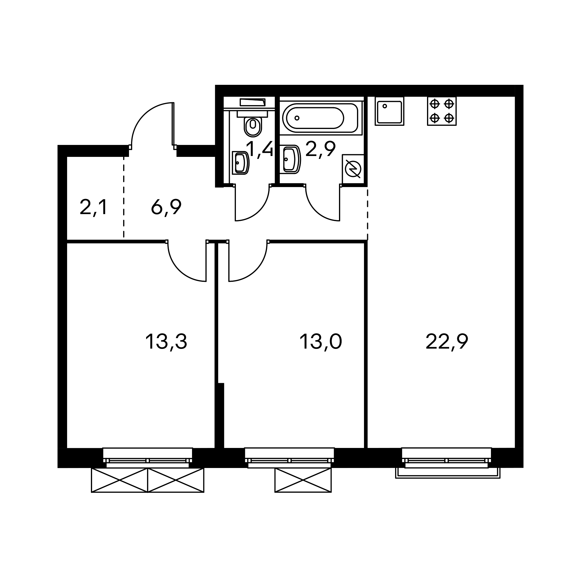 2-комнатная 62.6  м²
