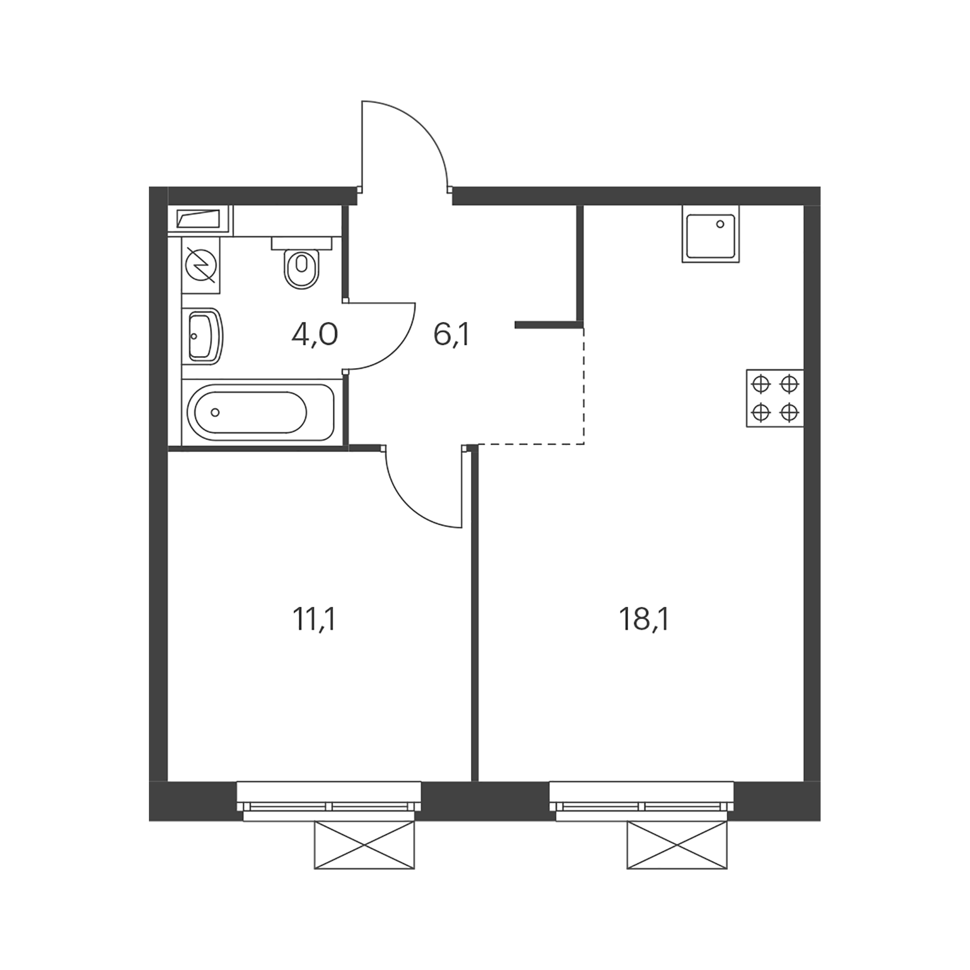 1-комнатная 39.3  м²