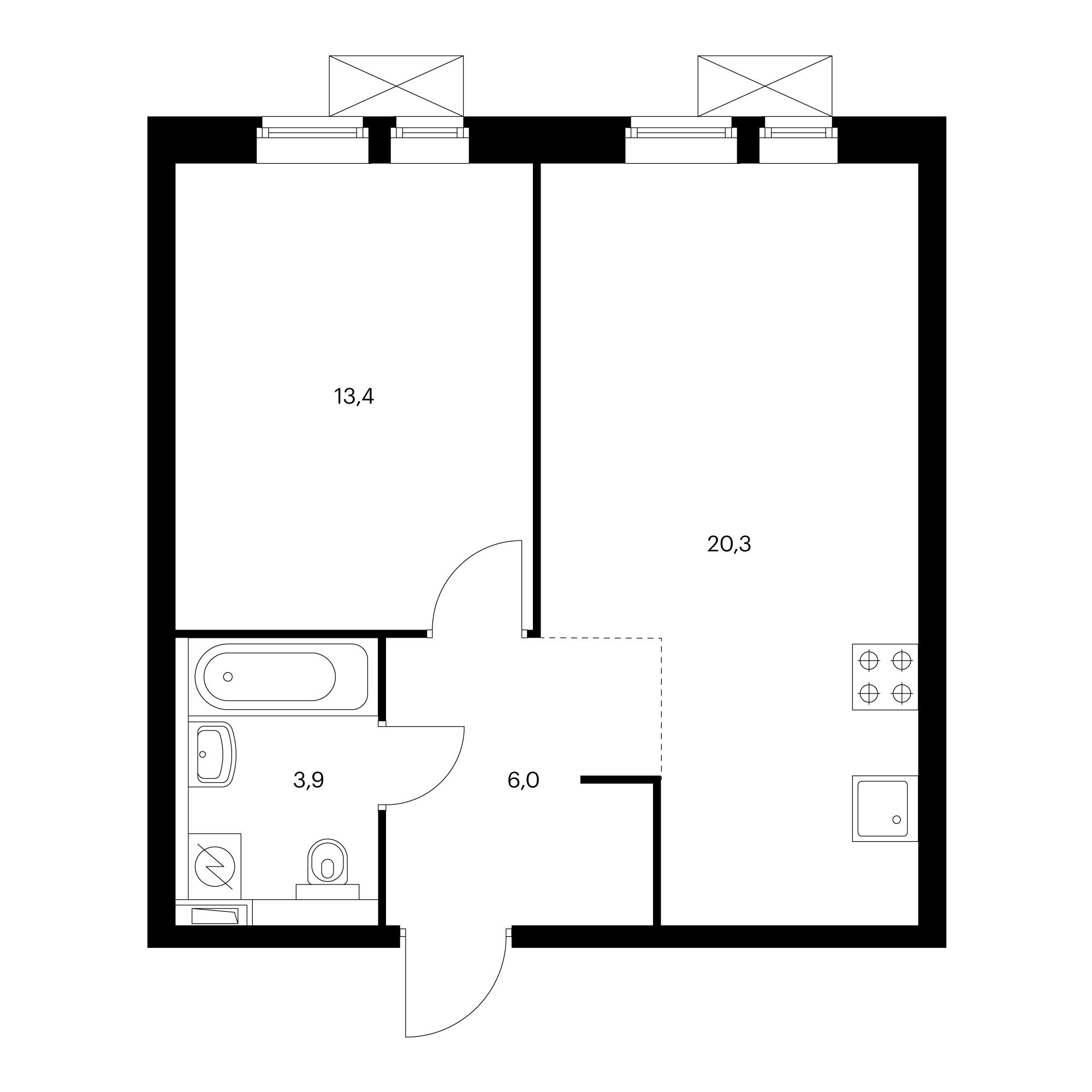 1-комнатная 43.9 м²