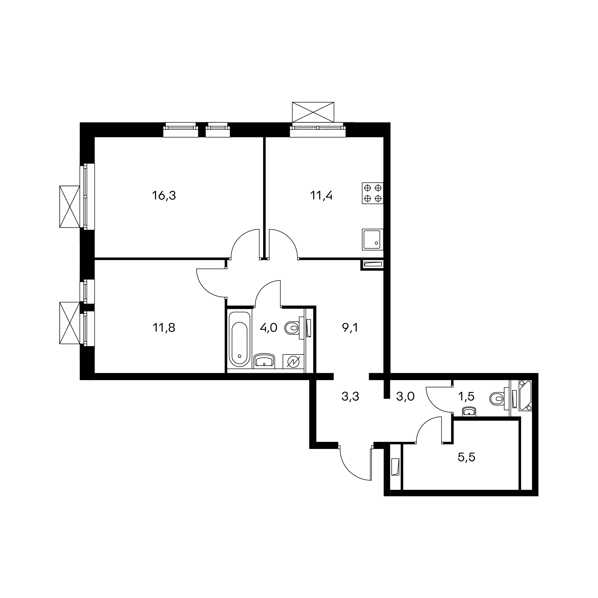 2-комнатная 65  м²