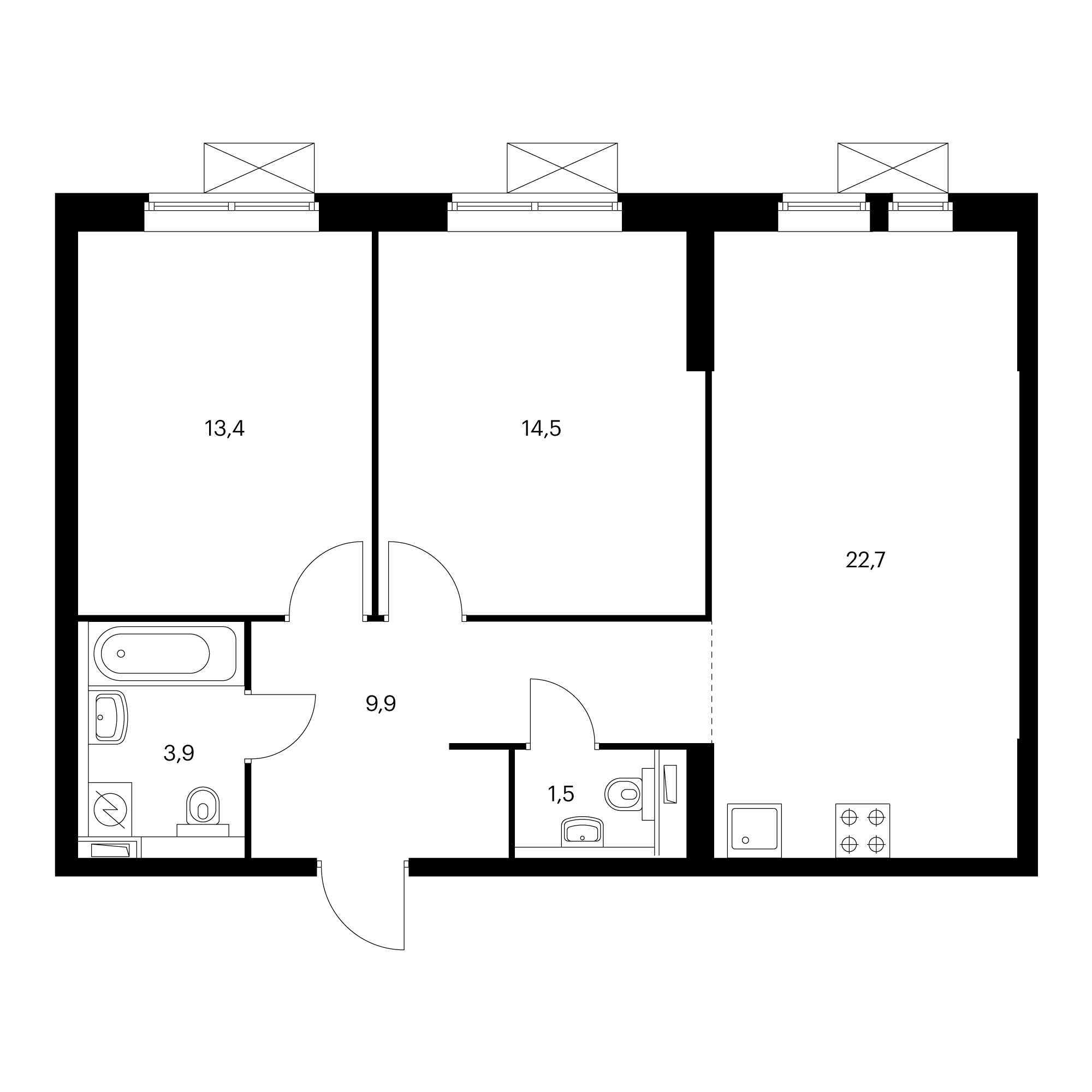 2-комнатная 66  м²