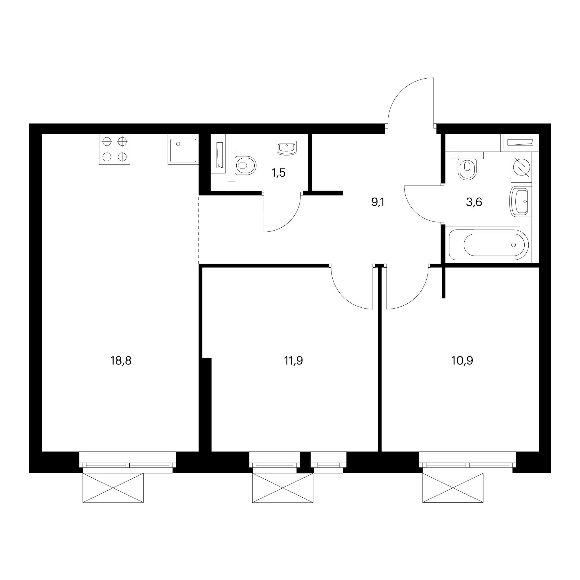 2-комнатная 56  м²