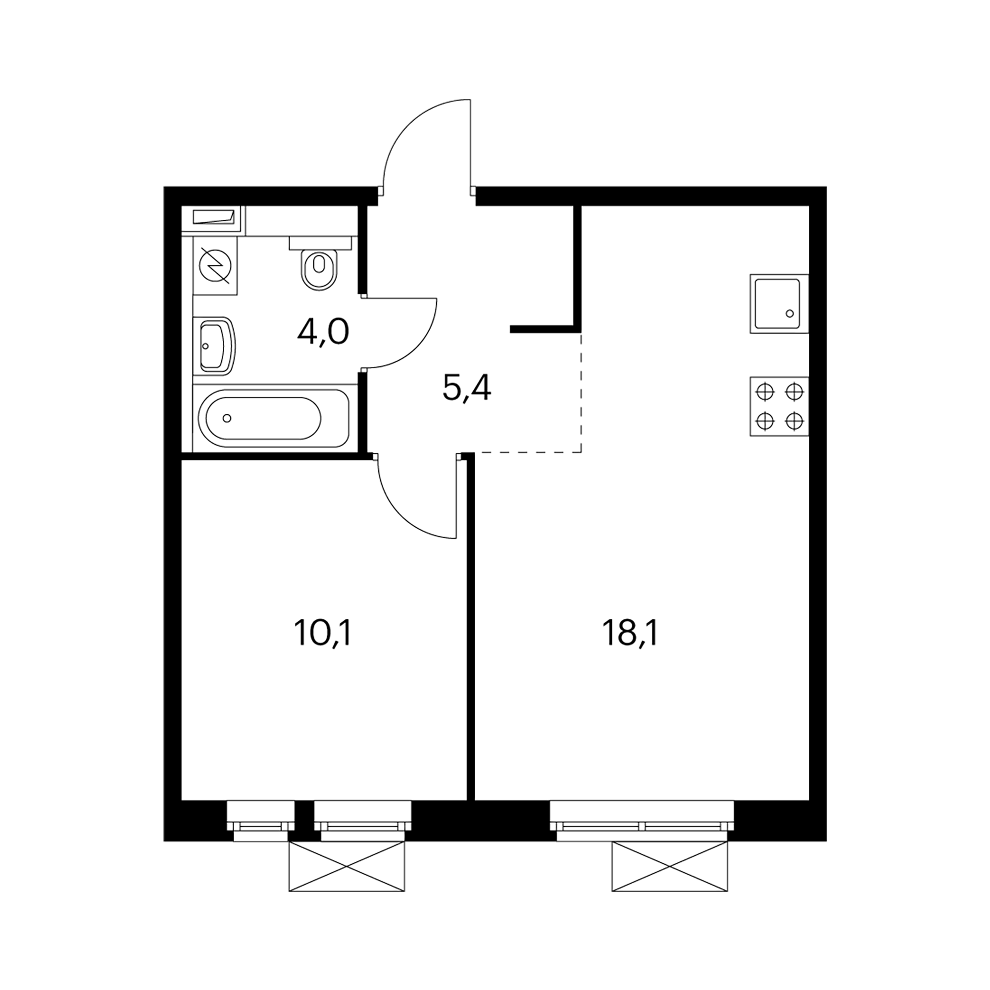 1-комнатная 37.6 м²